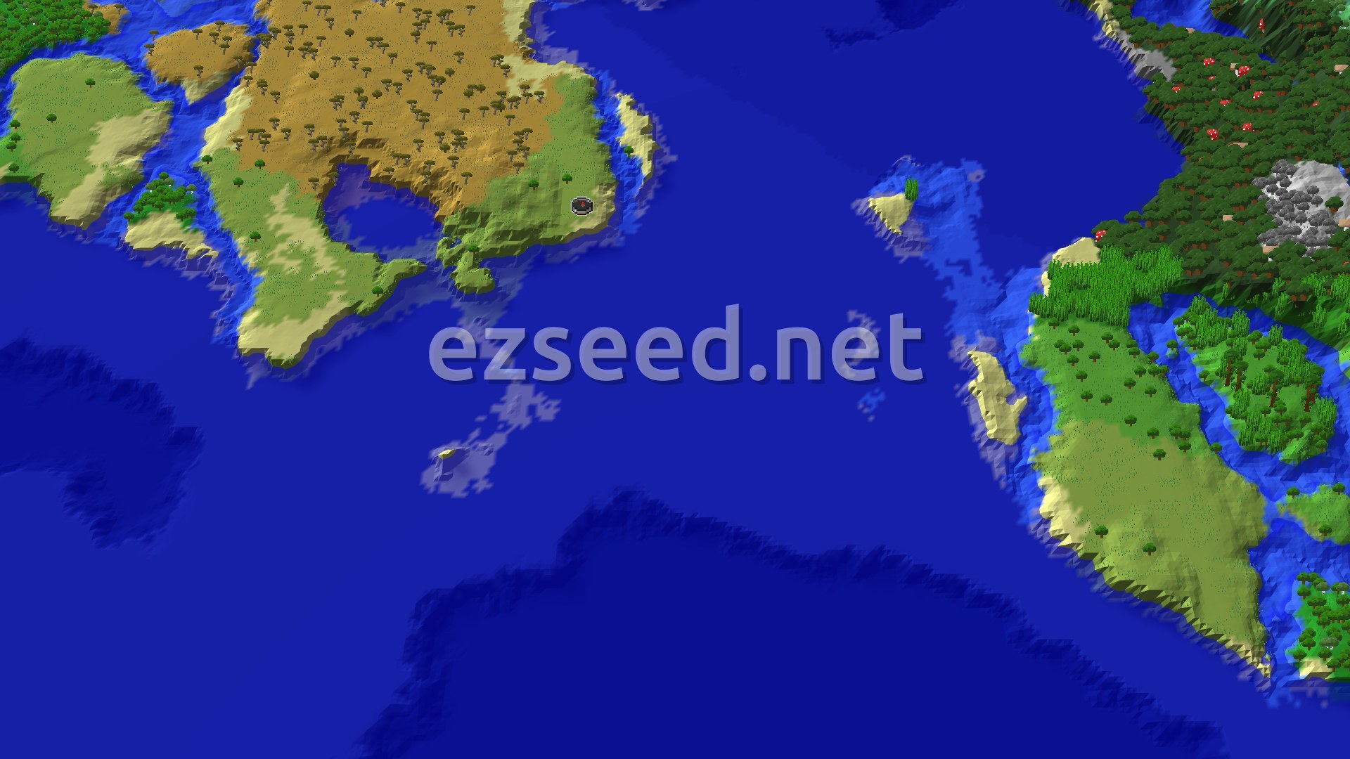 Aerial Minecraft seed map — A Lush Coastal Spawn With Distant Jungle and Desert