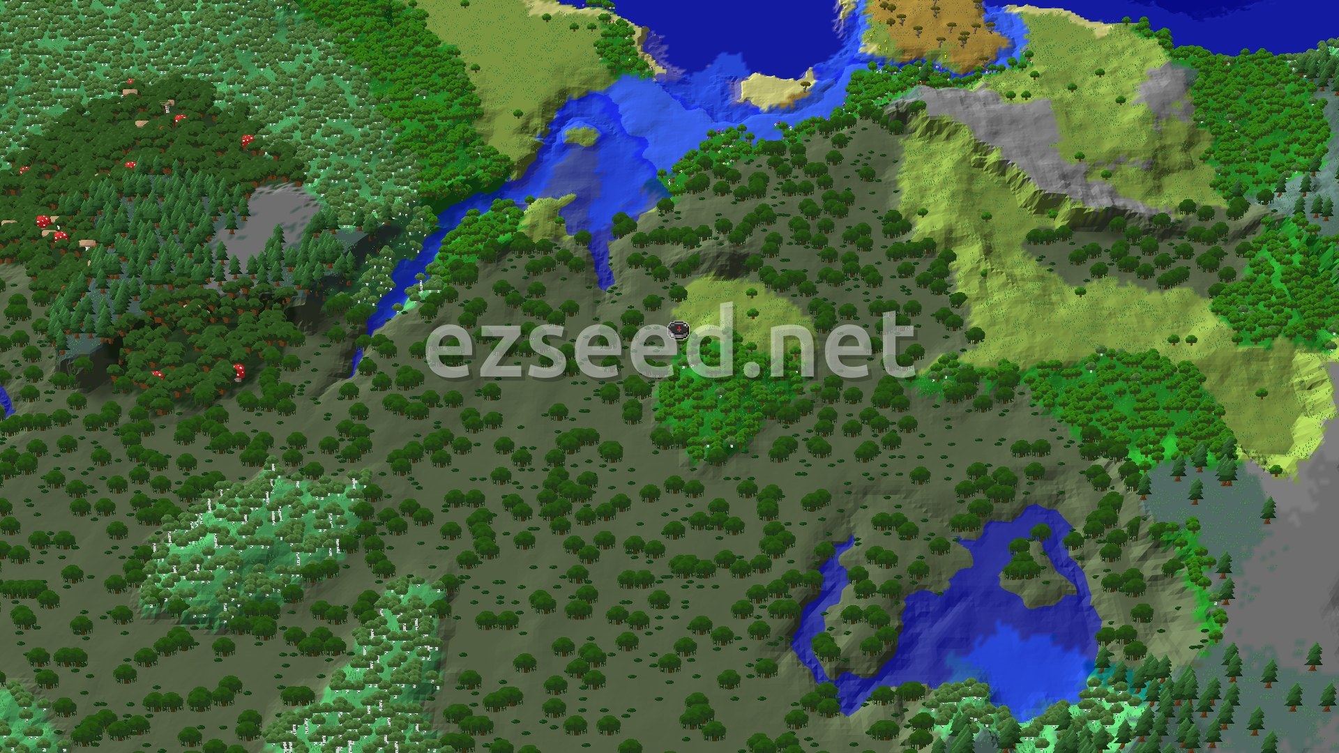 An overhead view of a diverse landscape with a central swamp area, surrounded by forests, plains, and some water bodies, with rolling hills in the distance.