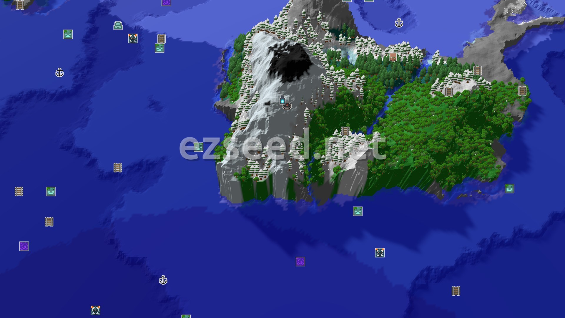 Aerial Minecraft seed map — Ancient City at Spawn in Frozen Peaks