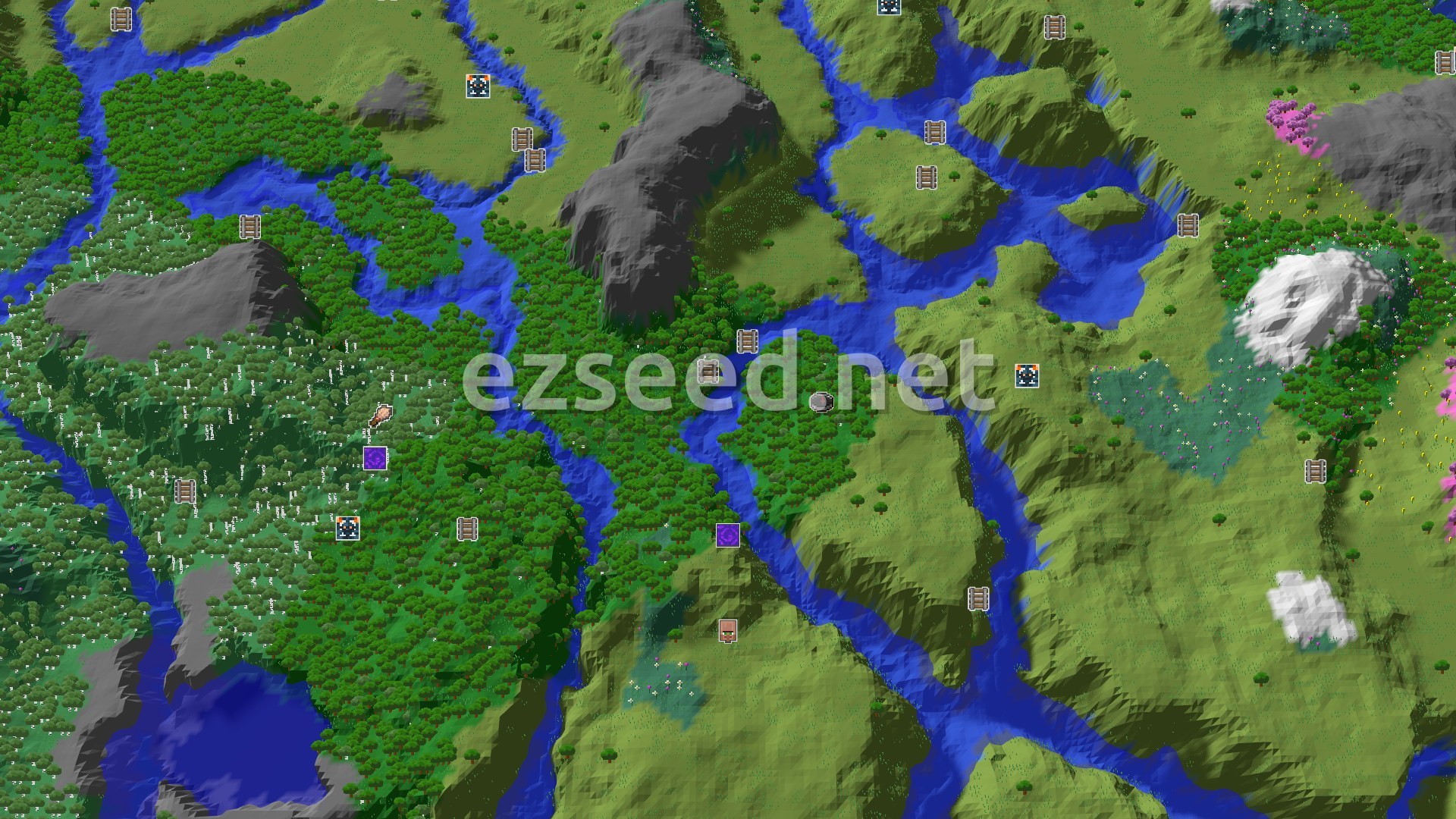 Aerial Minecraft seed map — Forest Spawn with Nearby Cherry Grove and Trail Chambers
