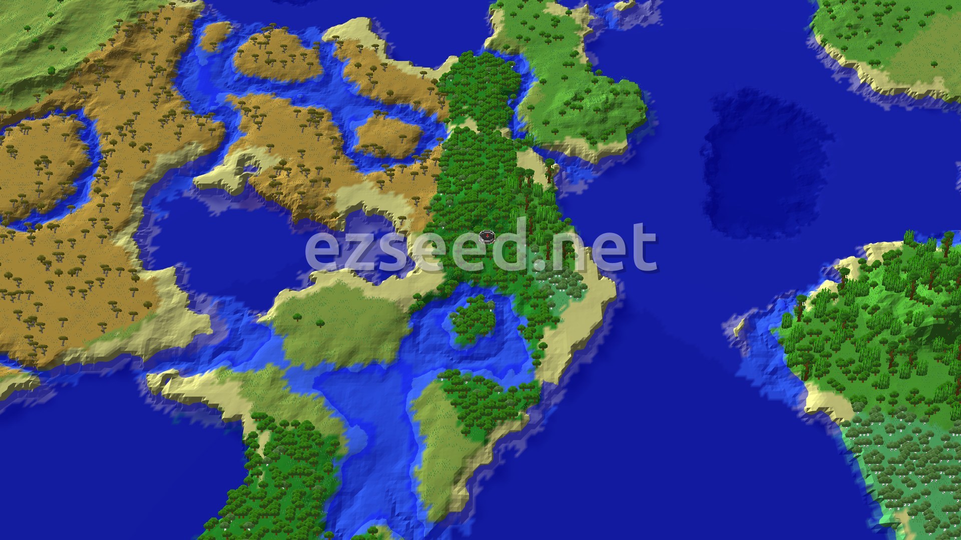 Aerial Minecraft seed map — Forest Spawn with Close Structures and Lush Caves