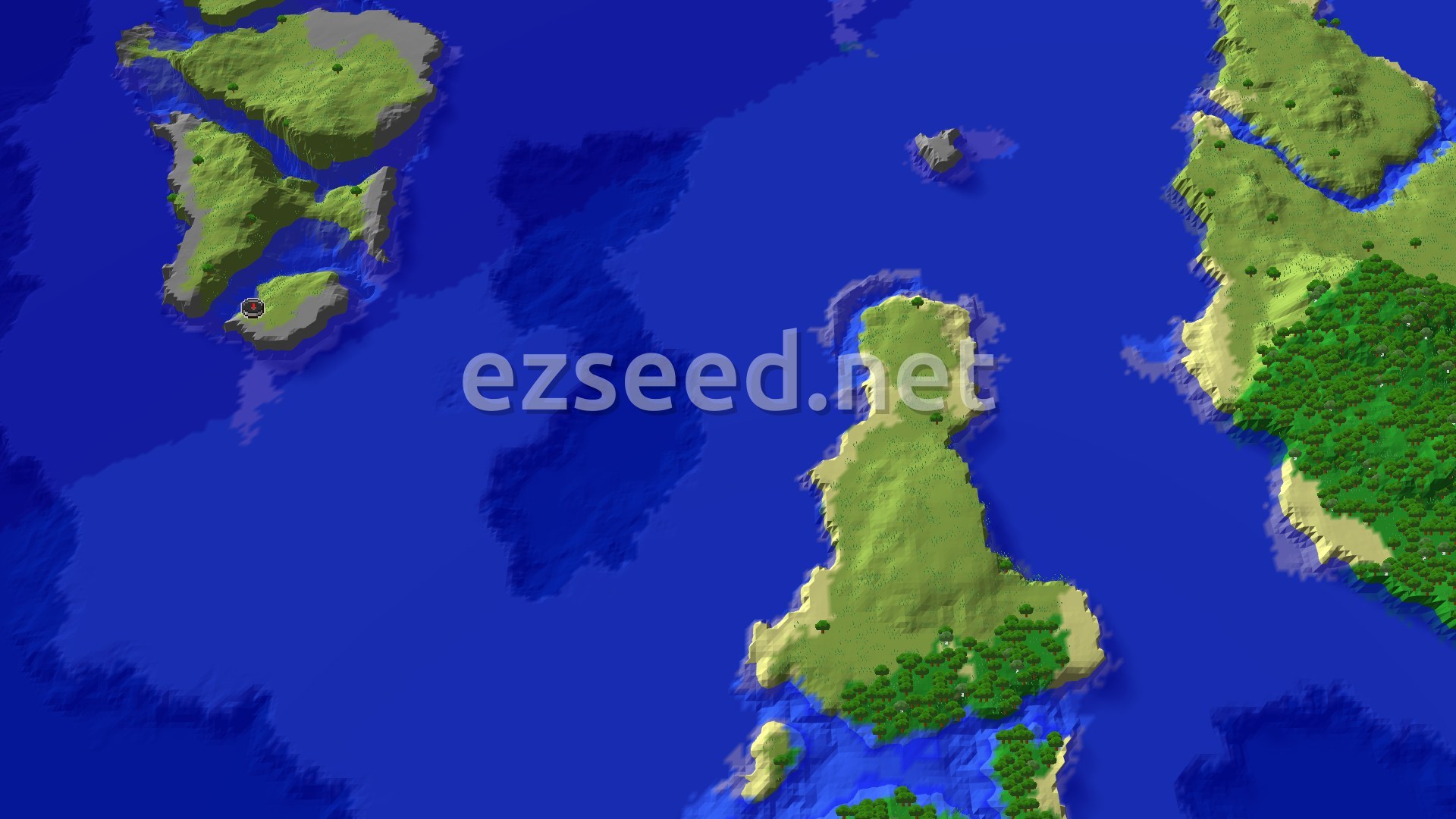 Aerial Minecraft seed map — Spawn on a Stony Island with Close Ocean Structures