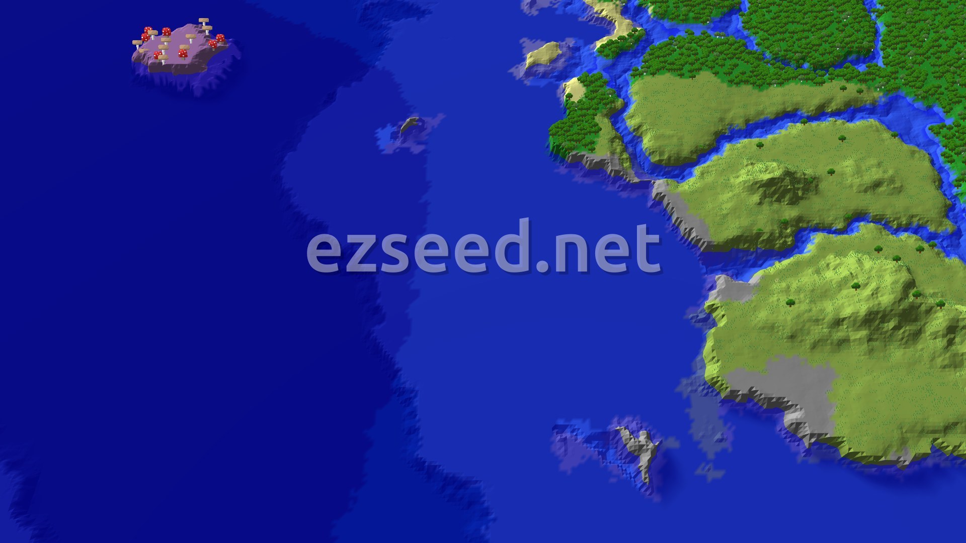 Aerial Minecraft seed map — Mushroom Fields and Diverse Biomes with Nearby Peaks