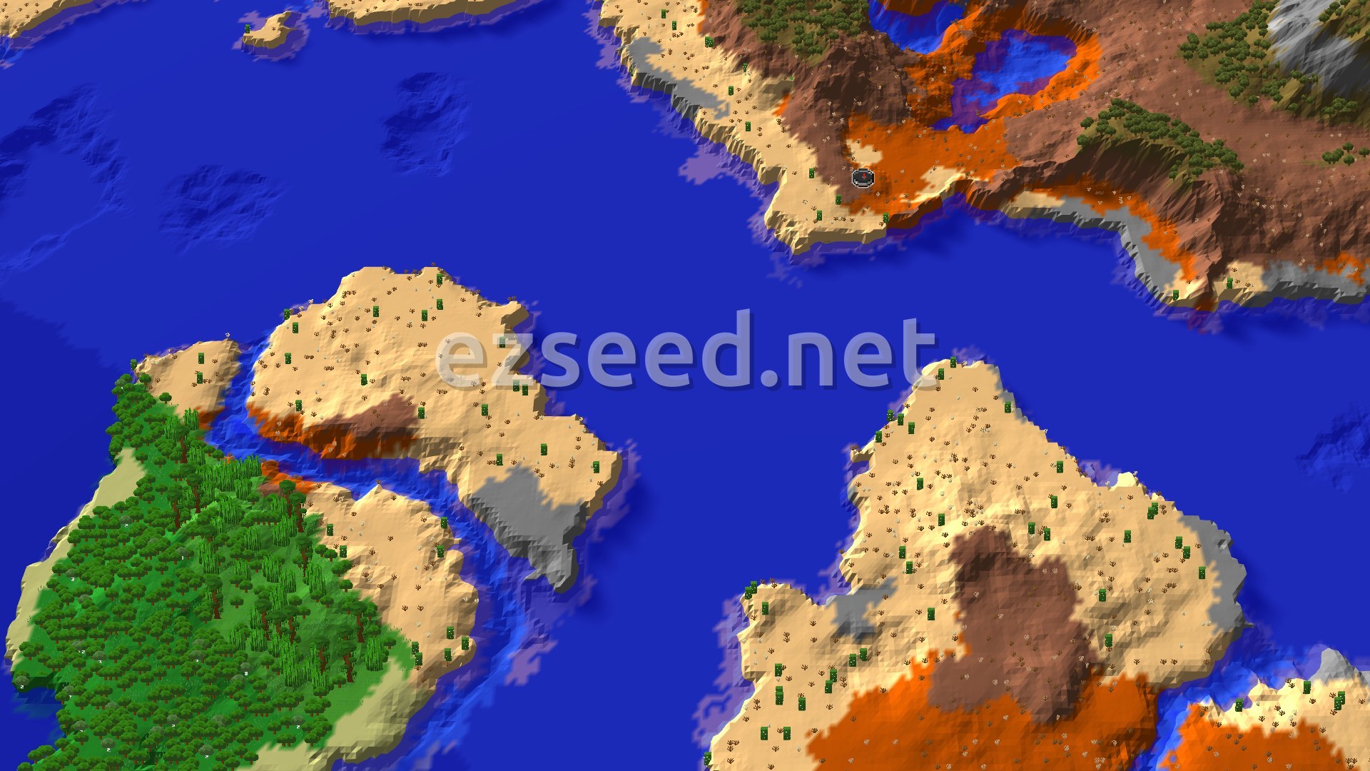 Aerial Minecraft seed map — Spawn in Badlands, with a Trial Chamber about 186 blocks away