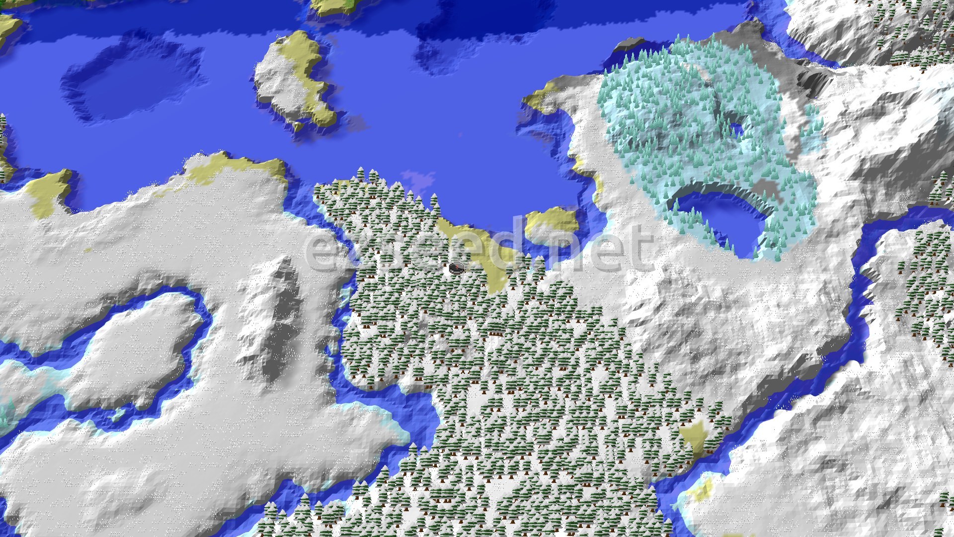 A bird's eye view of a snow-covered landscape with dense snowy taiga forests and frozen rivers winding through mountainous terrain, with a large frozen ocean to the north.