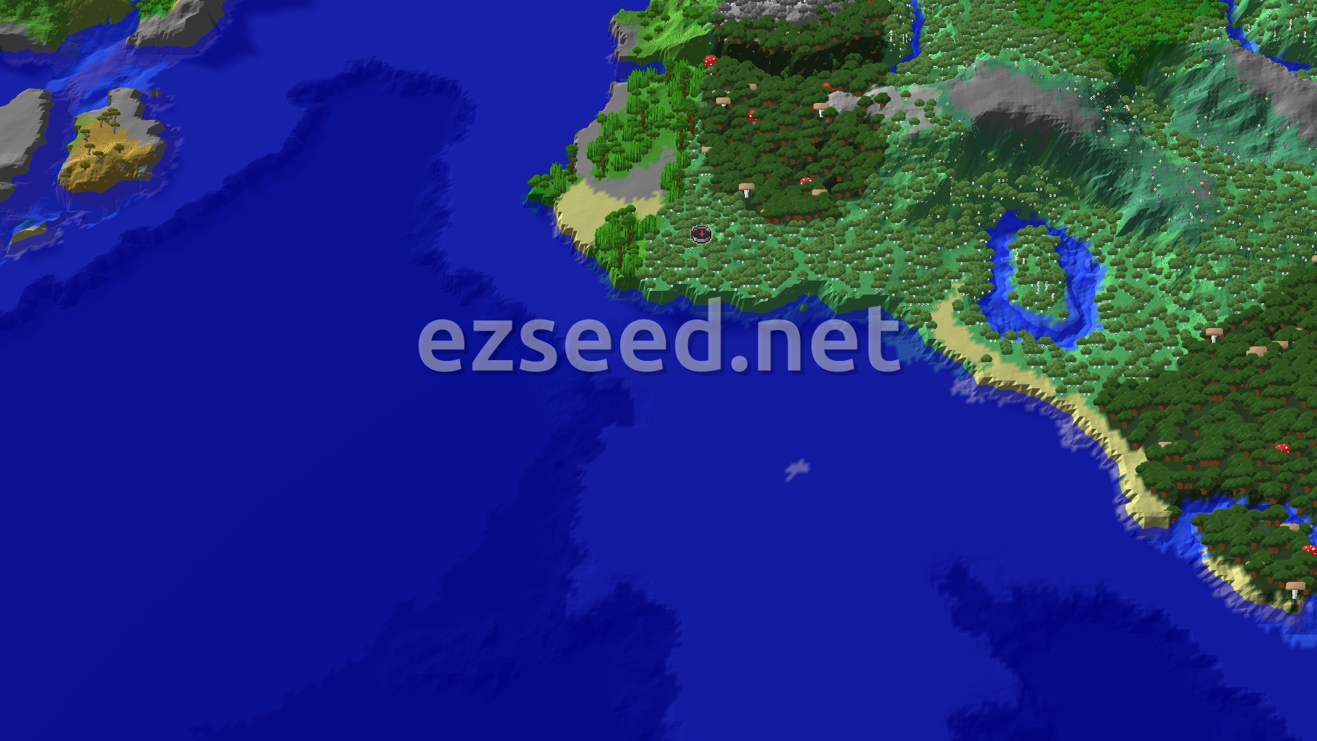 A 3D fly-over of a birch forest next to an ocean, with some hilly terrain and a small spawn marker at the center.