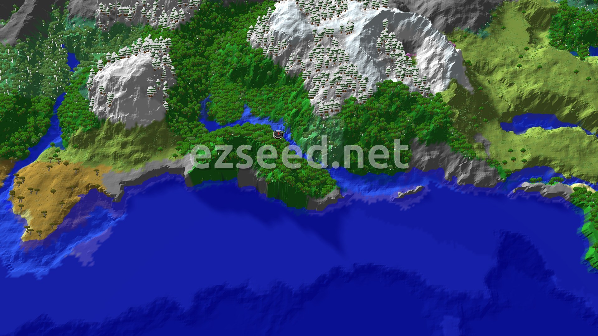 Aerial Minecraft seed map — Forest Spawn with Nearby Frozen Peaks and Ancient City