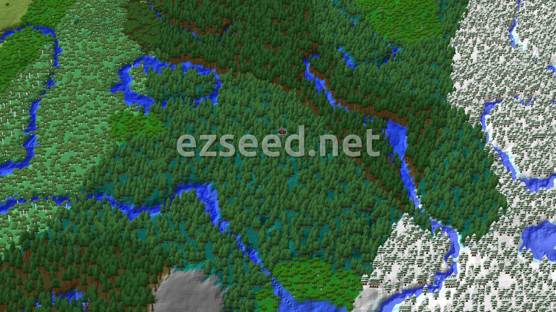 Aerial Minecraft seed map — Taiga Spawn with Close Trail Ruins and Trial Chambers