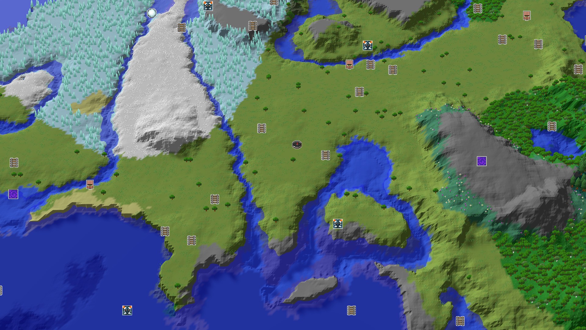 A 3D aerial view of a Minecraft world, showing a central green plains area with scattered trees. To the north, a large, snow-capped mountain range dominates, flanked by a river. Towards the west and south, the plains transition into a coast bordering a vast ocean. The overall terrain includes flat areas, rolling hills, and dramatic snowy peaks.