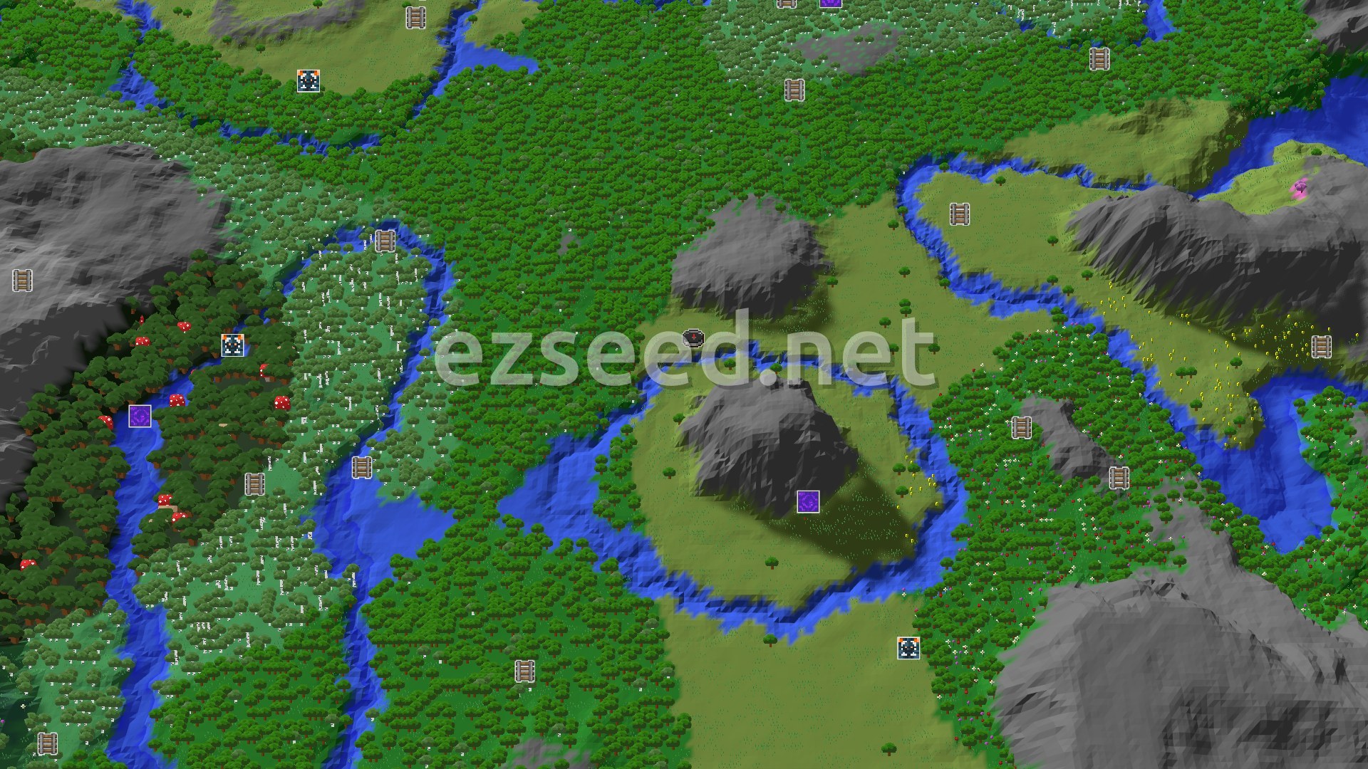 Aerial Minecraft seed map — Cherry Grove and Trial Chambers near a Forest Spawn