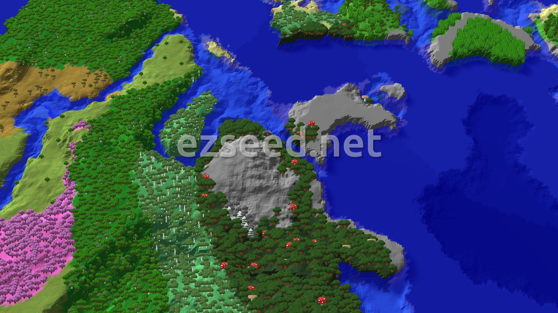 An overhead view of a diverse landscape with a dark forest, mountains, oceans, and rivers, with a small spawn marker in the center.