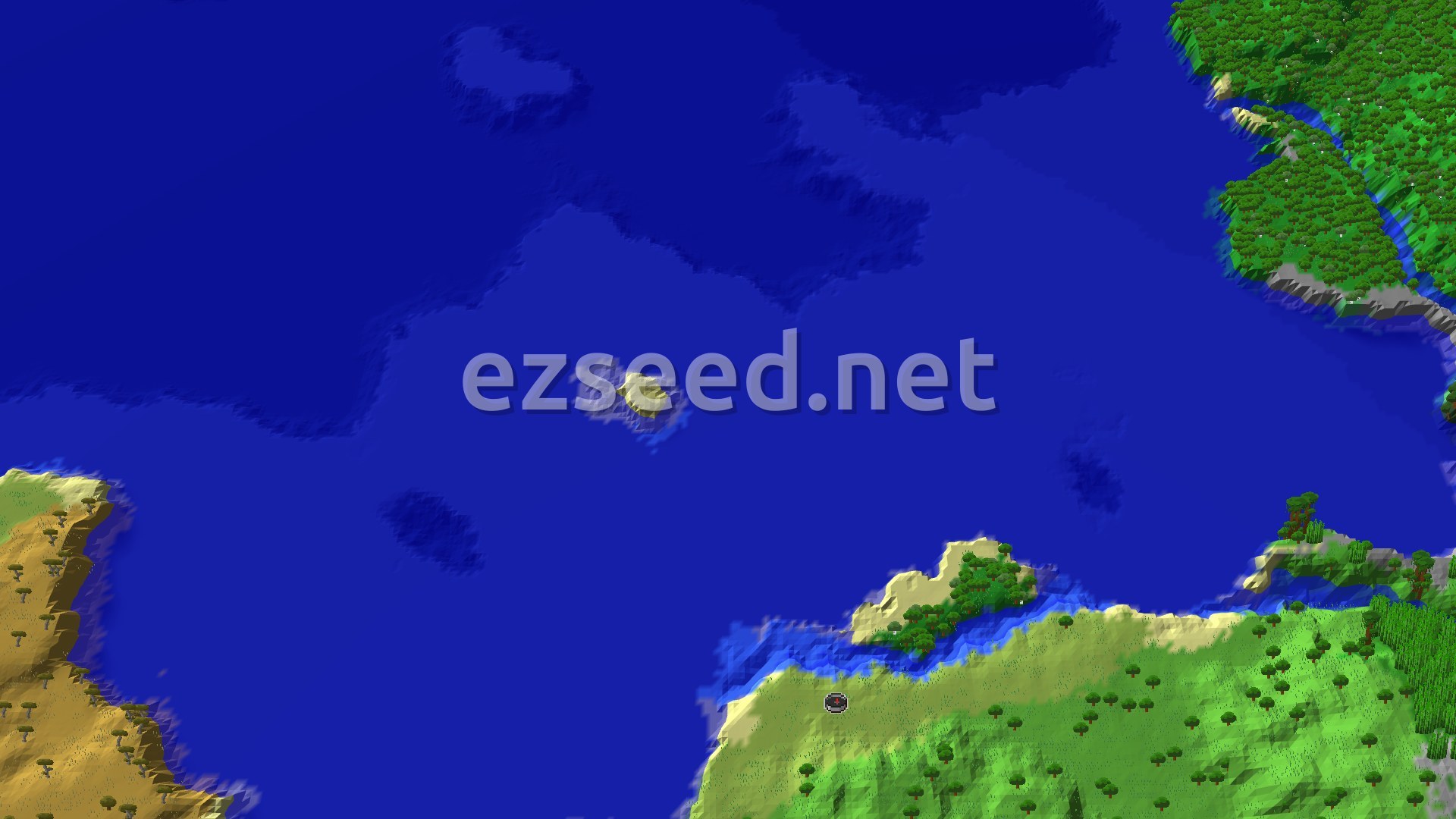 An aerial view of a varied landscape with large oceans, green plains, dense forests, and patches of sandy beaches. A small spawn marker indicates the starting point on a green landmass.