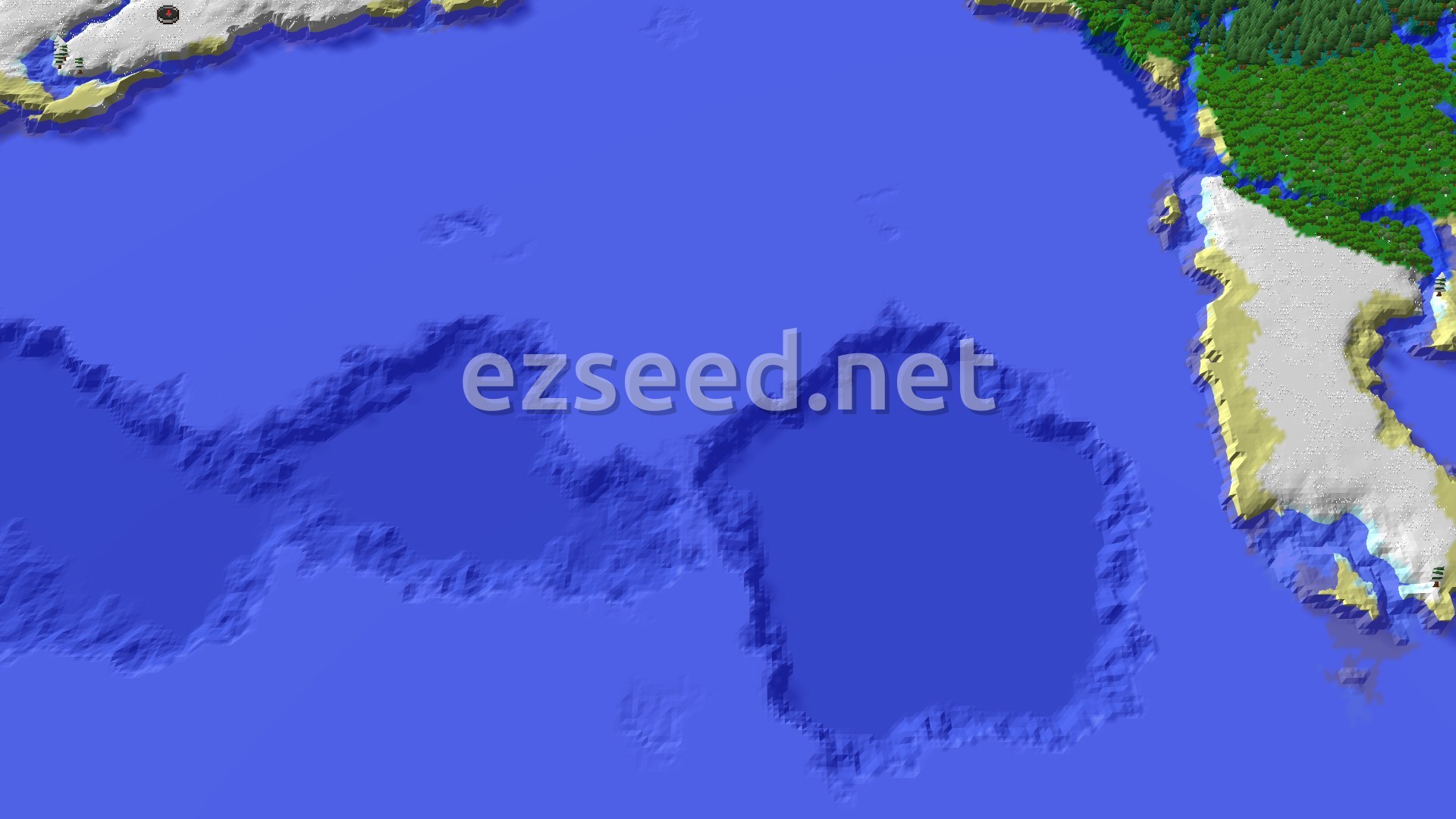 Aerial Minecraft seed map — Spawn in Icy Plains with Nearby Shipwreck and Ocean
