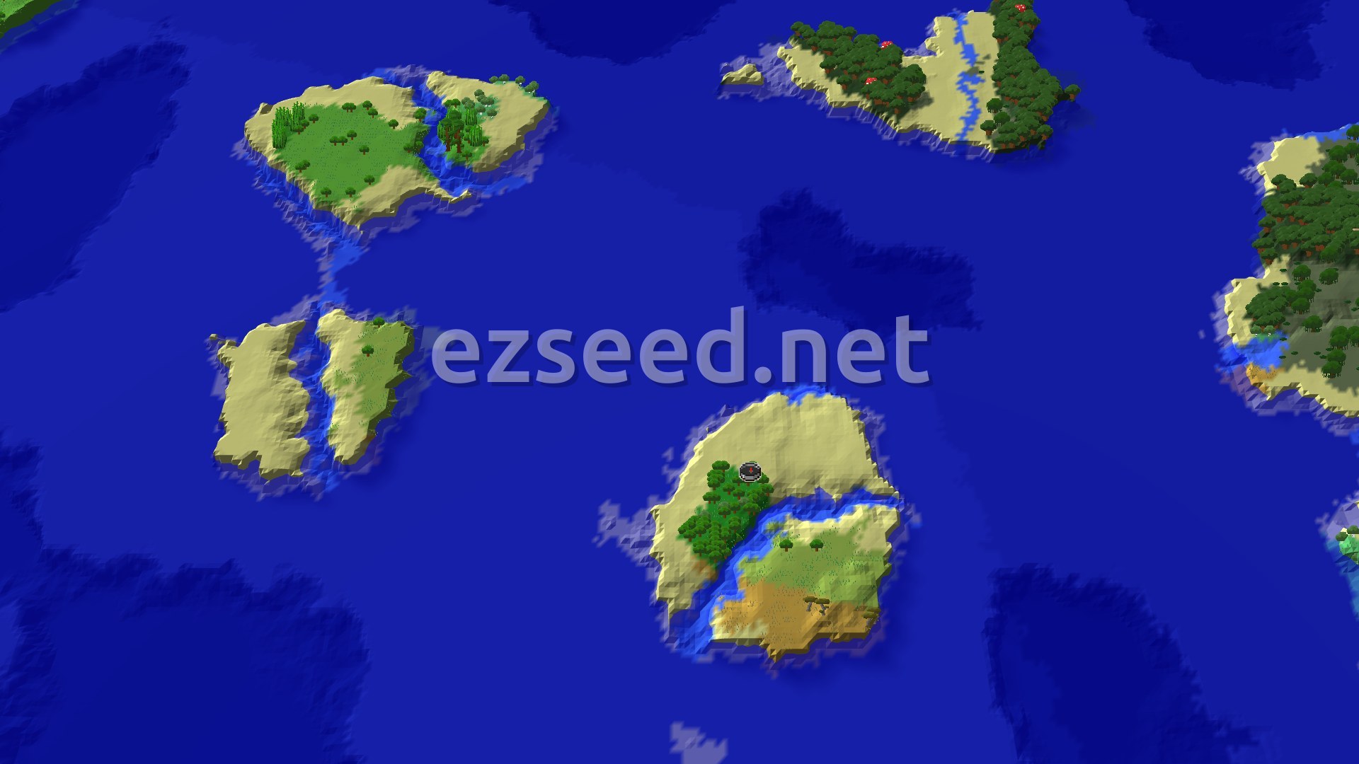A 3D aerial view of a small island with a forest, a river, and a small patch of savanna, surrounded by ocean. A red and black spawn marker is visible in the forest.
