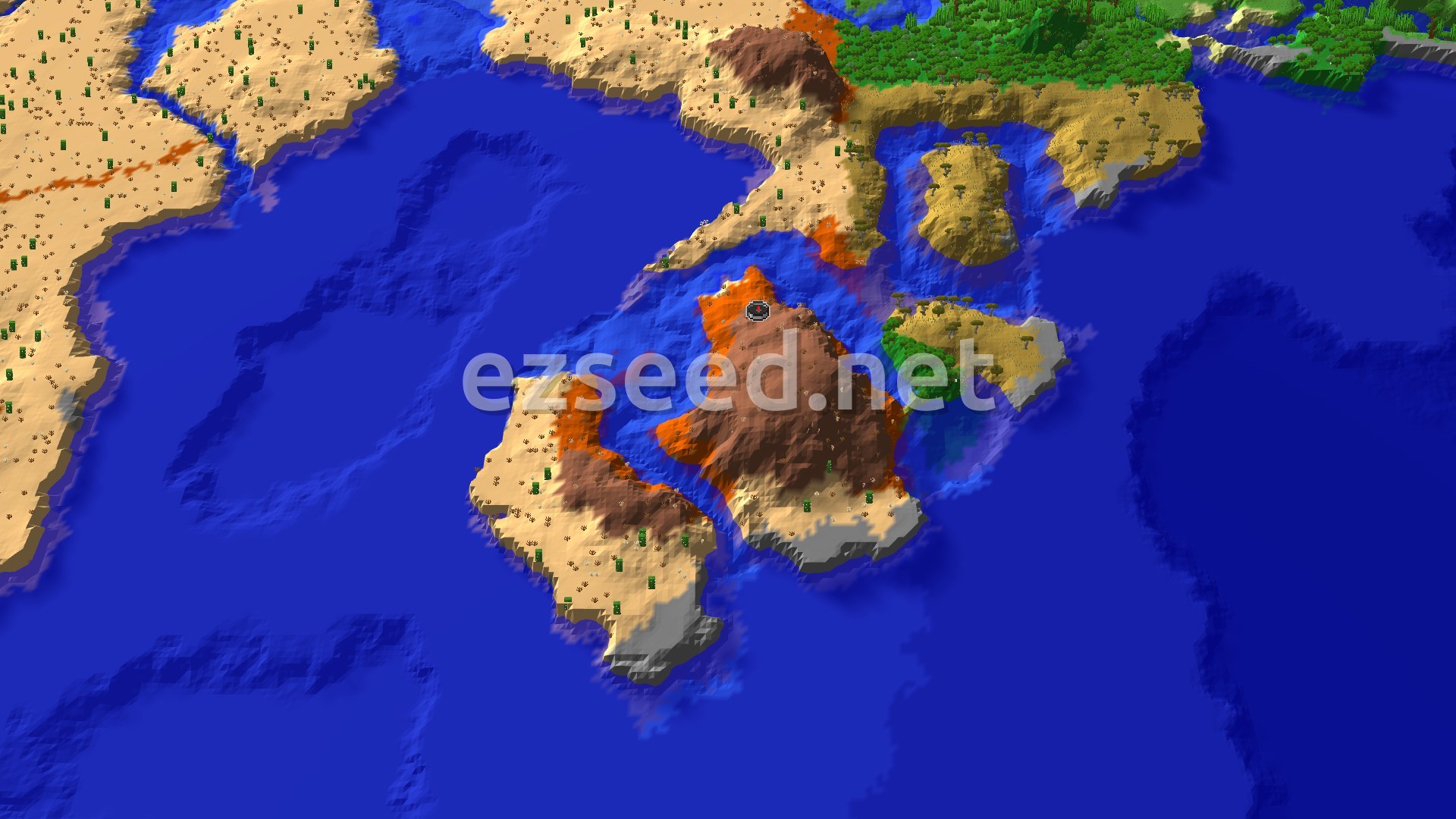 An aerial view of a varied landscape featuring a central Badlands island with surrounding deserts, savannas, and deep blue ocean, marked with a small spawn point.