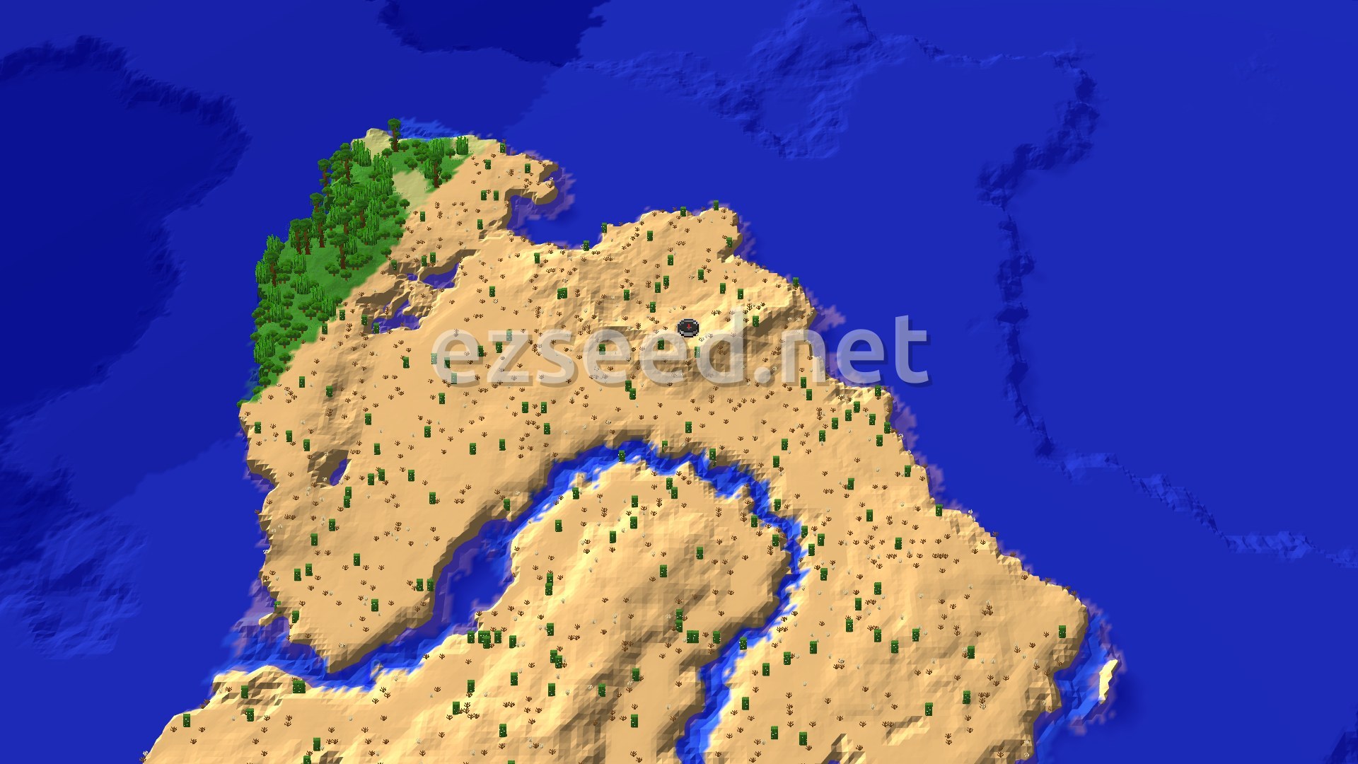Aerial Minecraft seed map — Desert Island with Nearby Village and Lush Caves