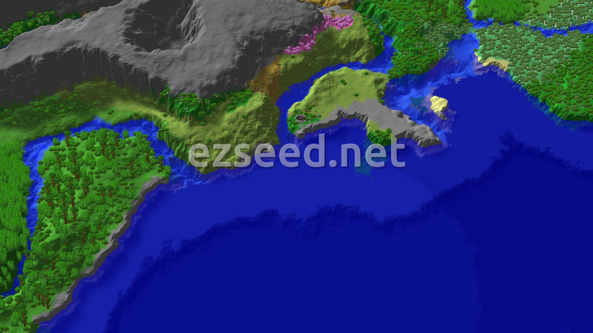 Aerial Minecraft seed map — Stony Shore Spawn with Distant Ancient City