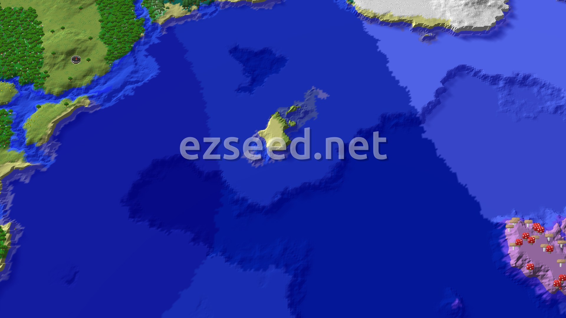 Aerial Minecraft seed map — A Village, a Mansion, and an Ocean Monument