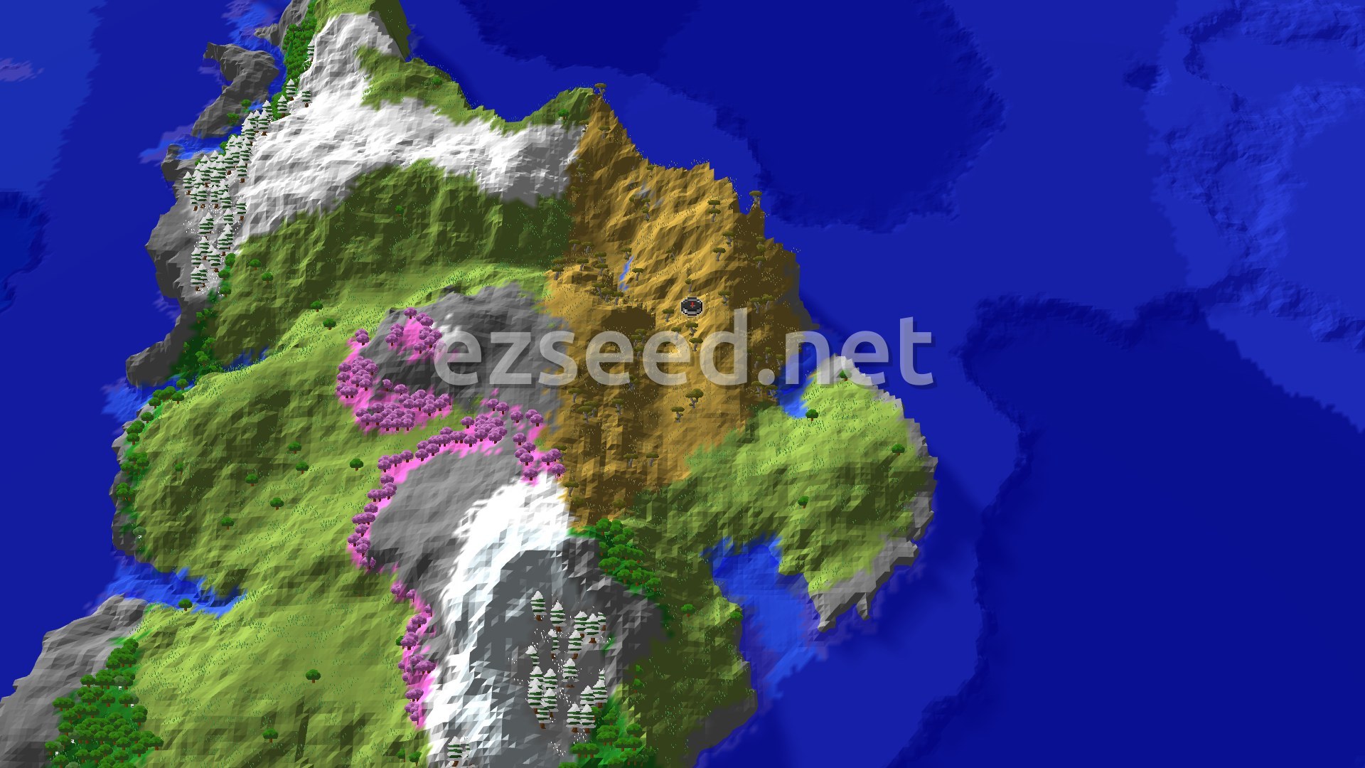 Aerial Minecraft seed map — Savanna Spawn with Ancient City Nearby and Diverse Peaks