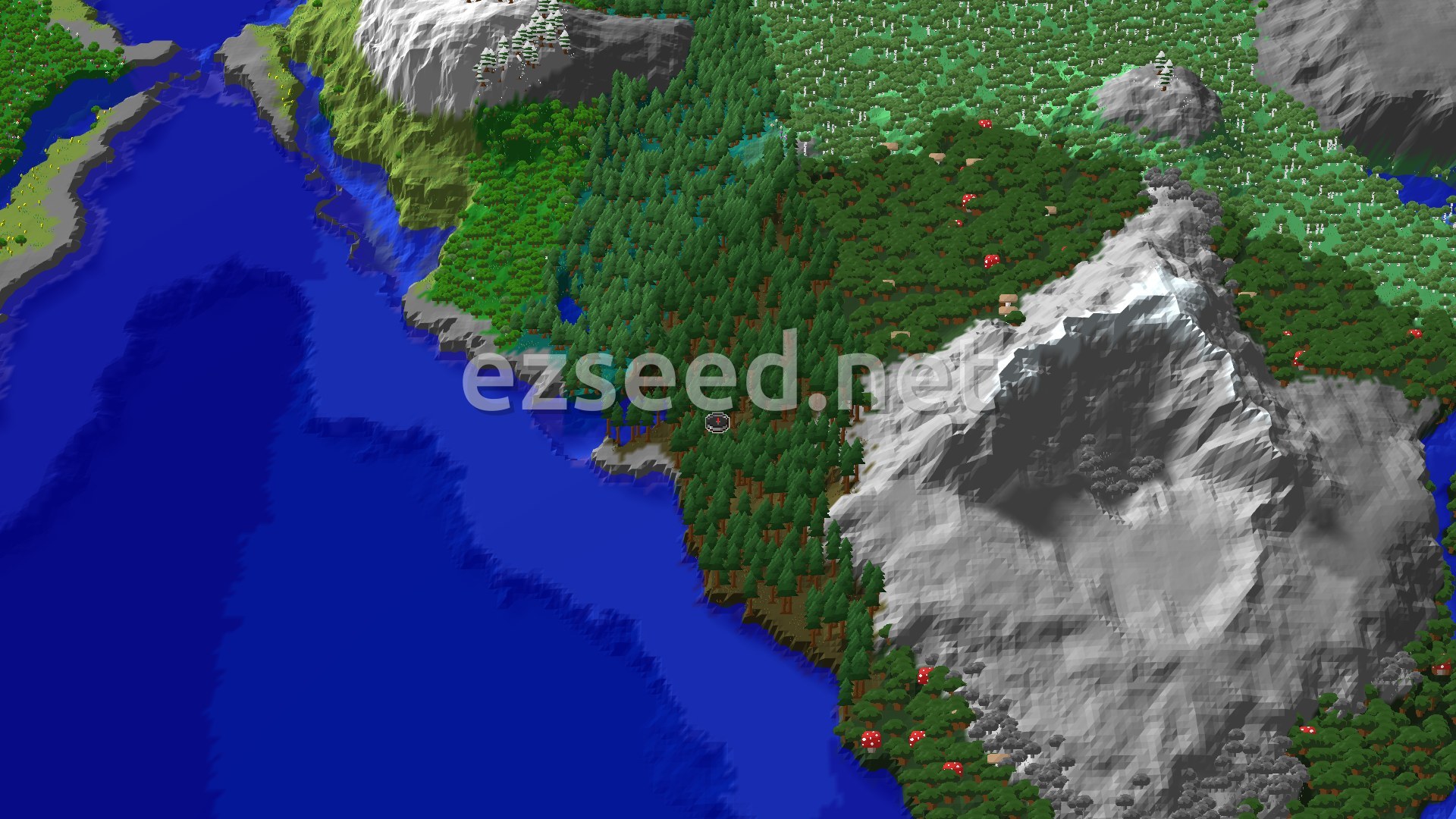 An aerial view showing a spawn point in a dense Old Growth Pine Taiga forest, bordered by a large body of water to the west and towering grey mountains to the south and east. Patches of lighter green trees and scattered red mushrooms are visible in the forest.