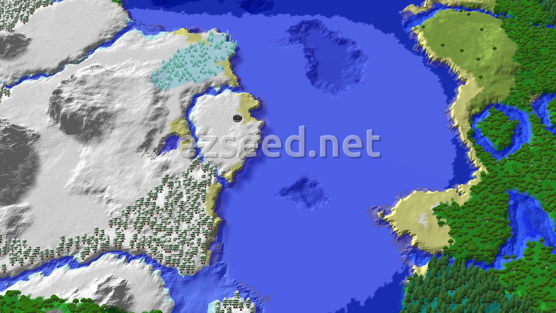 Aerial Minecraft seed map — Ice Spikes Near Spawn Amidst Snowy Plains