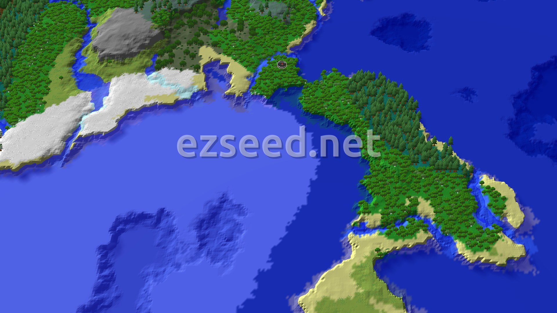 Aerial Minecraft seed map — Forest Spawn with Nearby Cold Ocean and Trial Chambers