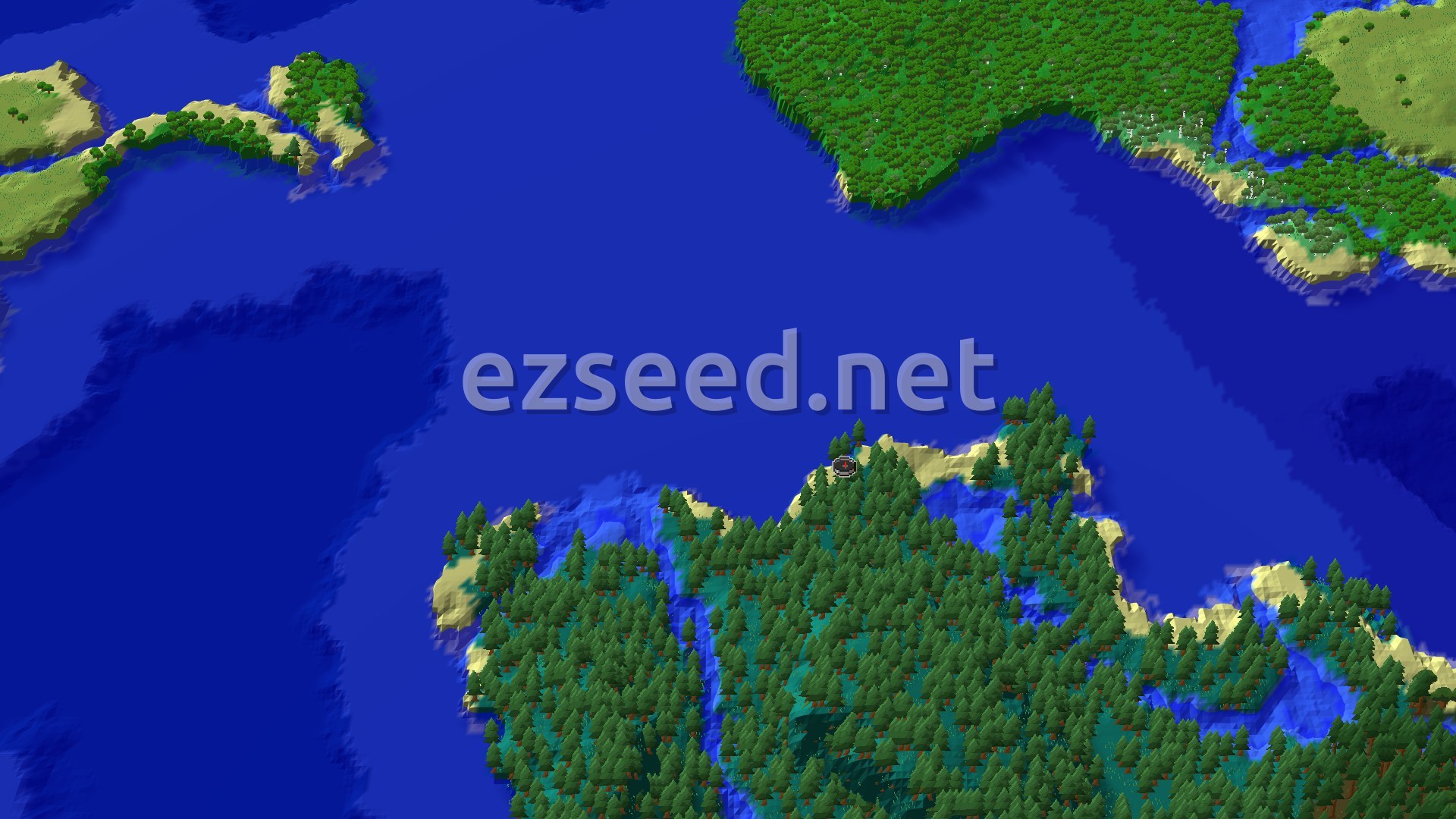 An aerial view of a Minecraft world shows a dark blue ocean surrounding several islands covered in dense green taiga forests, with sandy beaches lining the coastlines. A small spawn marker sits on one of the larger islands.