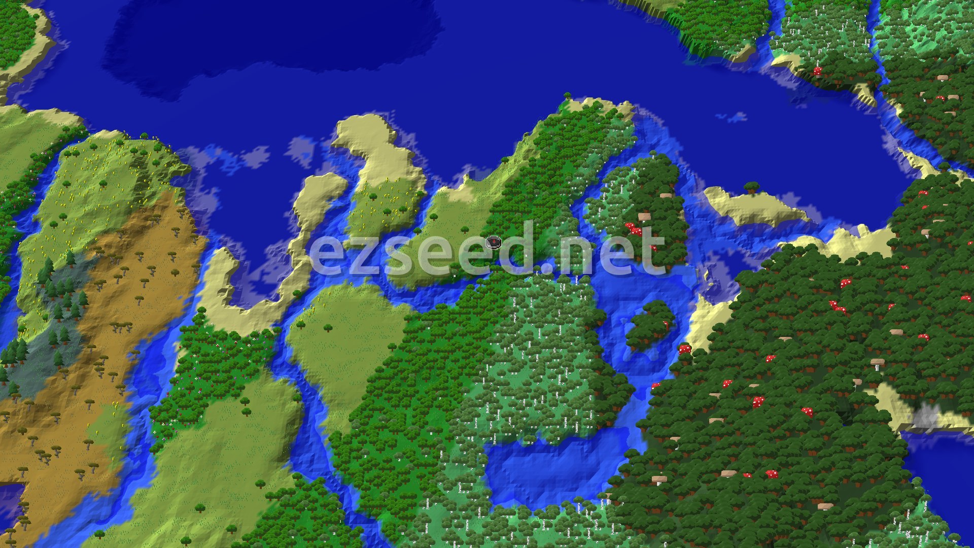 Aerial Minecraft seed map — Forest Spawn with Nearby Lush Caves and Trial Chambers