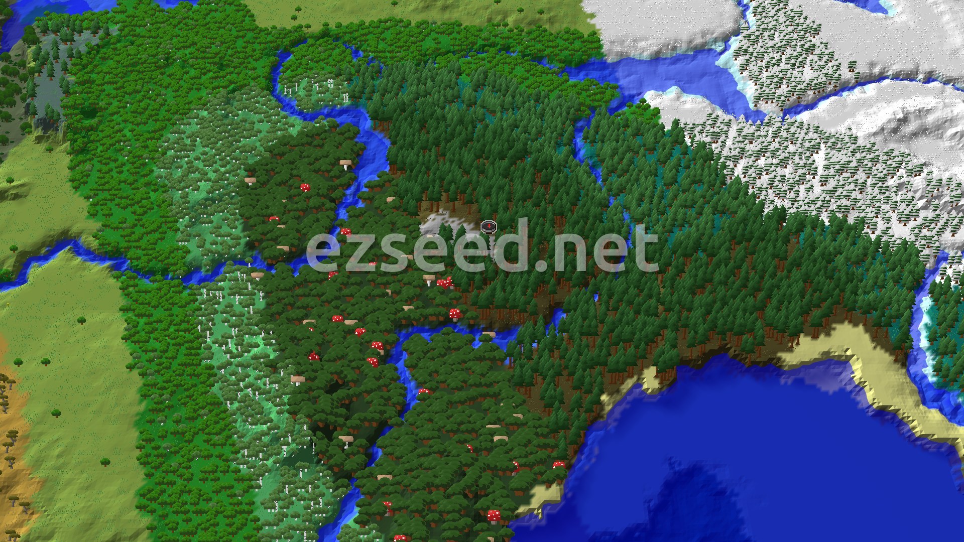 Aerial Minecraft seed map — Spawn in a Taiga with Nearby Trial Chambers