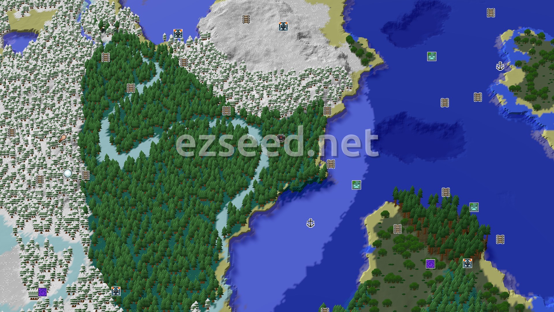 Aerial Minecraft seed map — A Taiga Spawn with Quick Underground Access