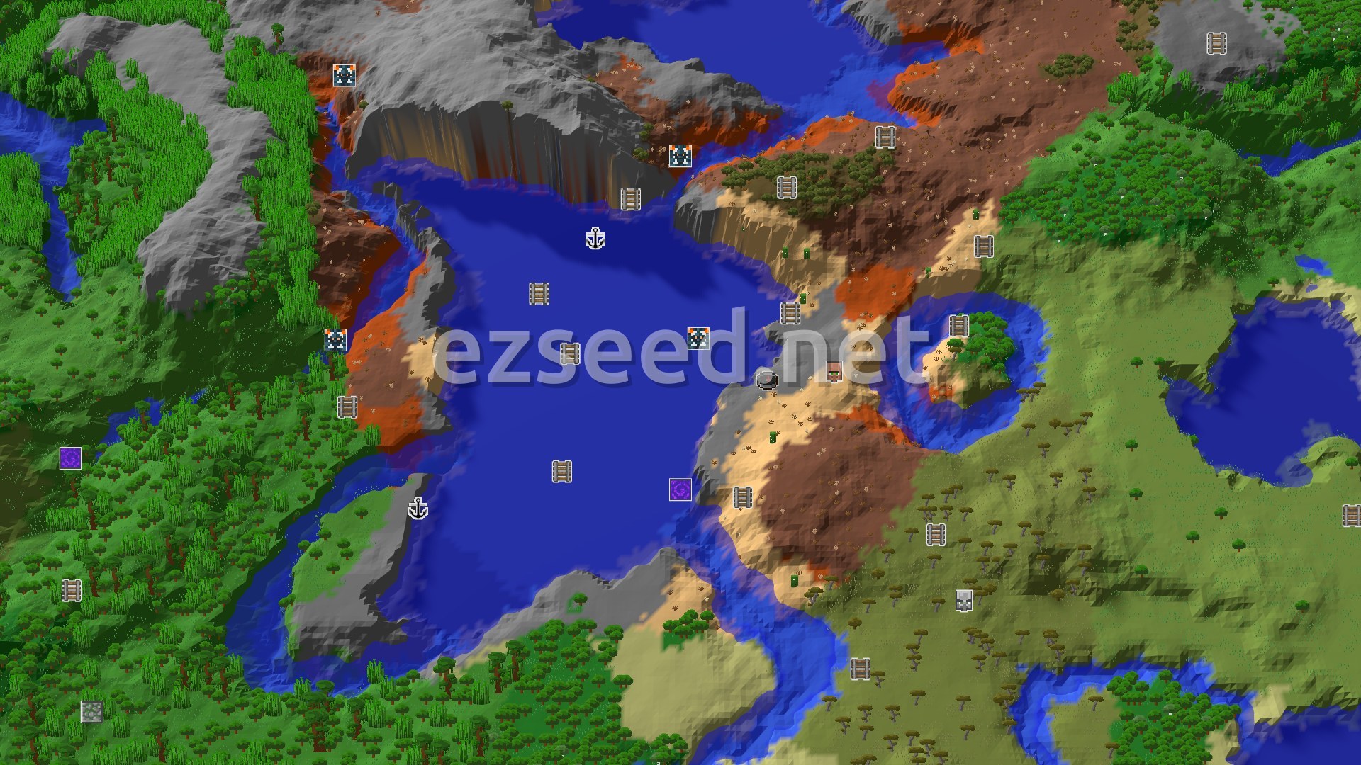 Aerial Minecraft seed map — Desert Spawn with Nearby Badlands and a Village