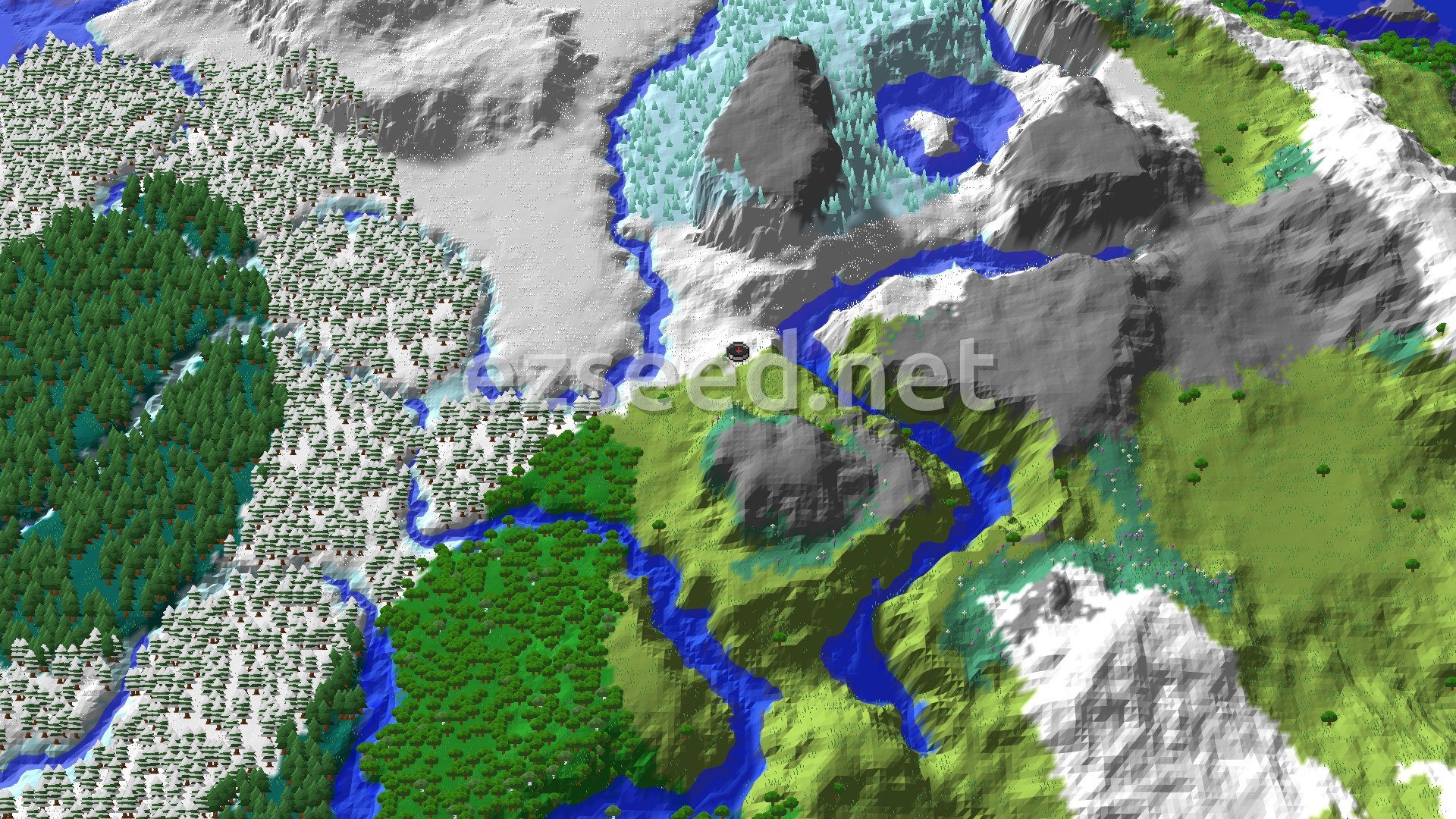 An aerial view of a varied landscape, showing a large snowy forest to the west, a river flowing through a mix of green plains and snowy hills, and a prominent dark mountain peak to the north.