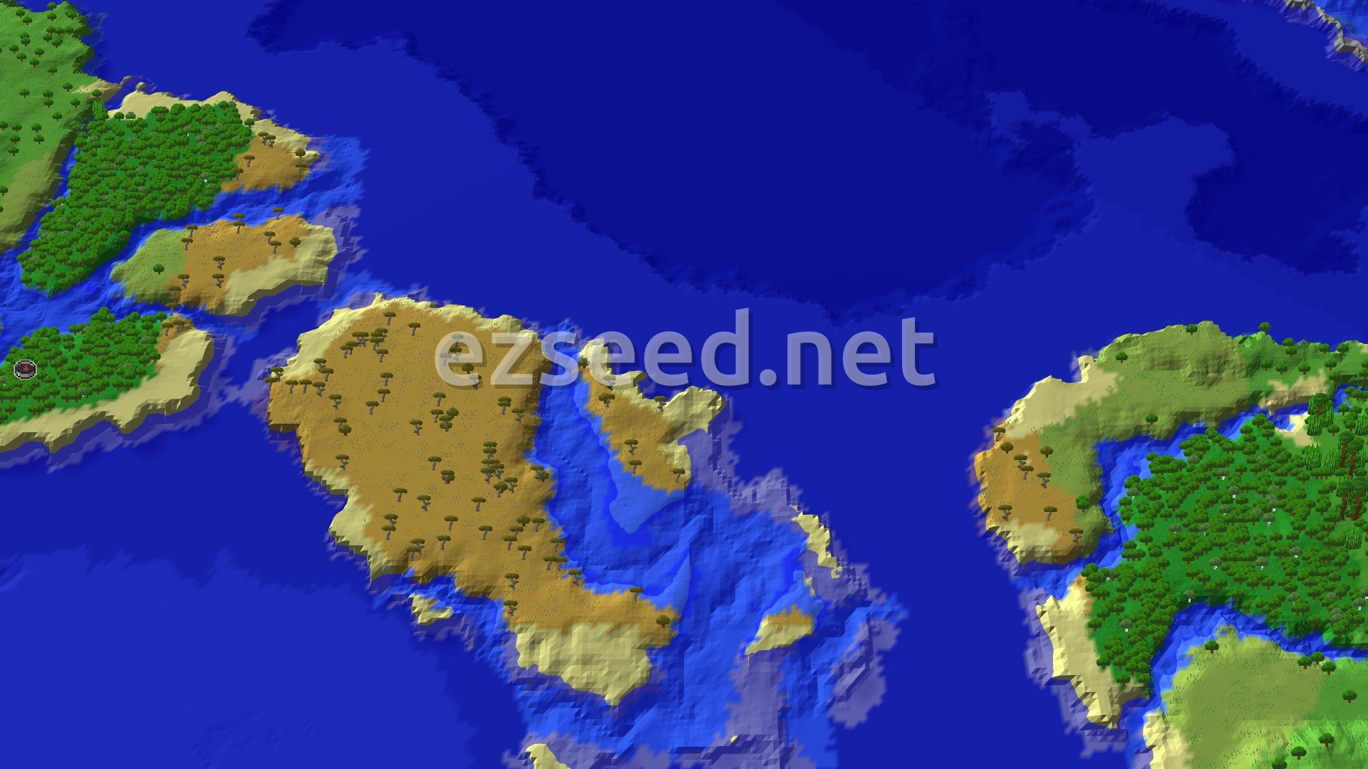 Aerial Minecraft seed map — Island Hopping: Jungle, Savanna, and Desert Near Spawn