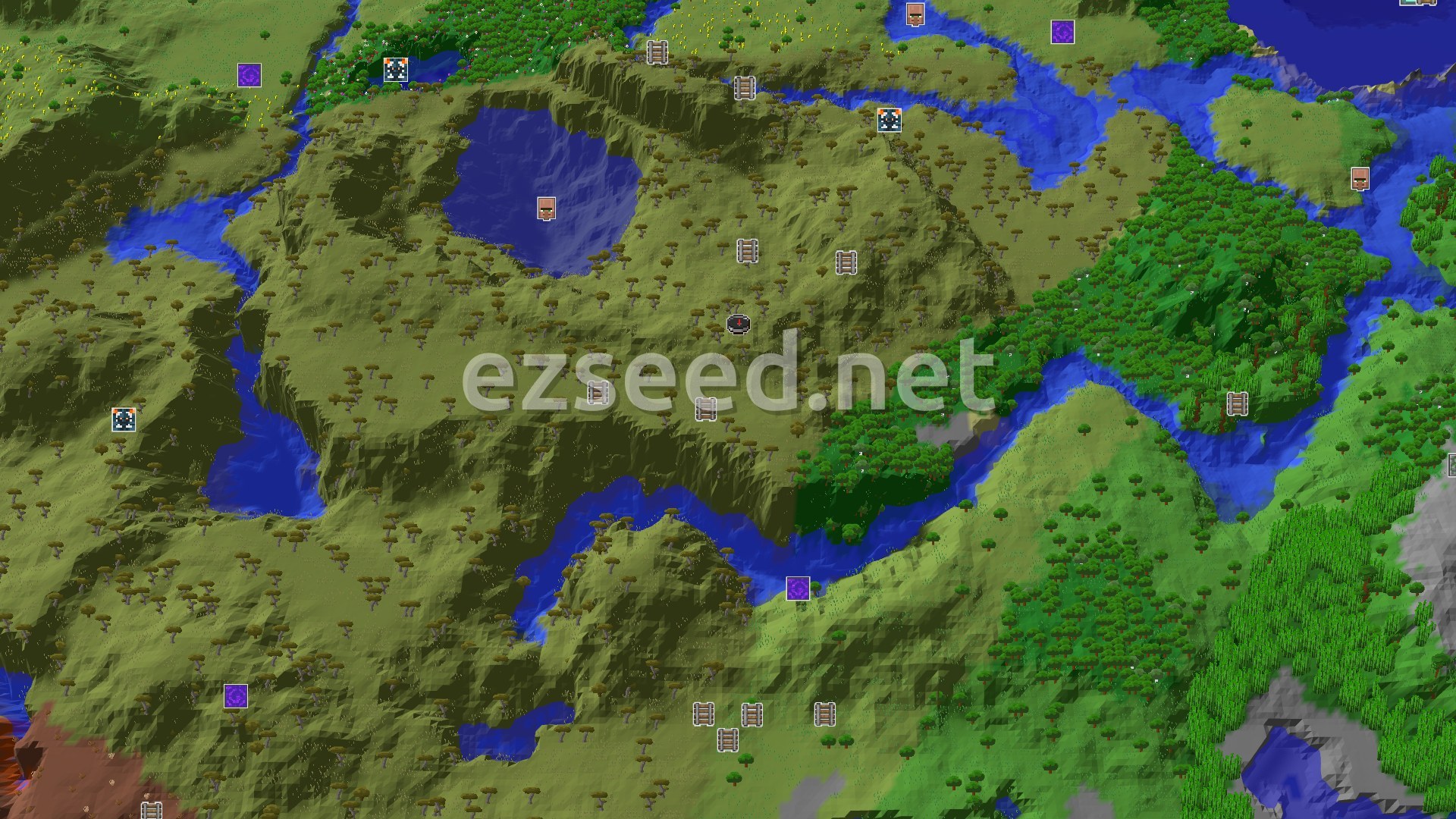 Aerial Minecraft seed map — Savanna Plateau Spawn with Early Jungle and Badlands