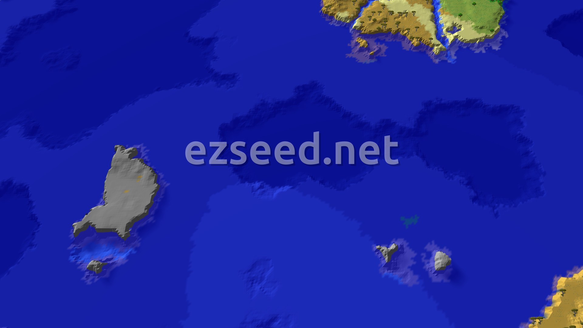 A 3D fly-over rendering of a Minecraft world showing a lush green jungle island surrounded by blue ocean, with a small marker at the spawn point.