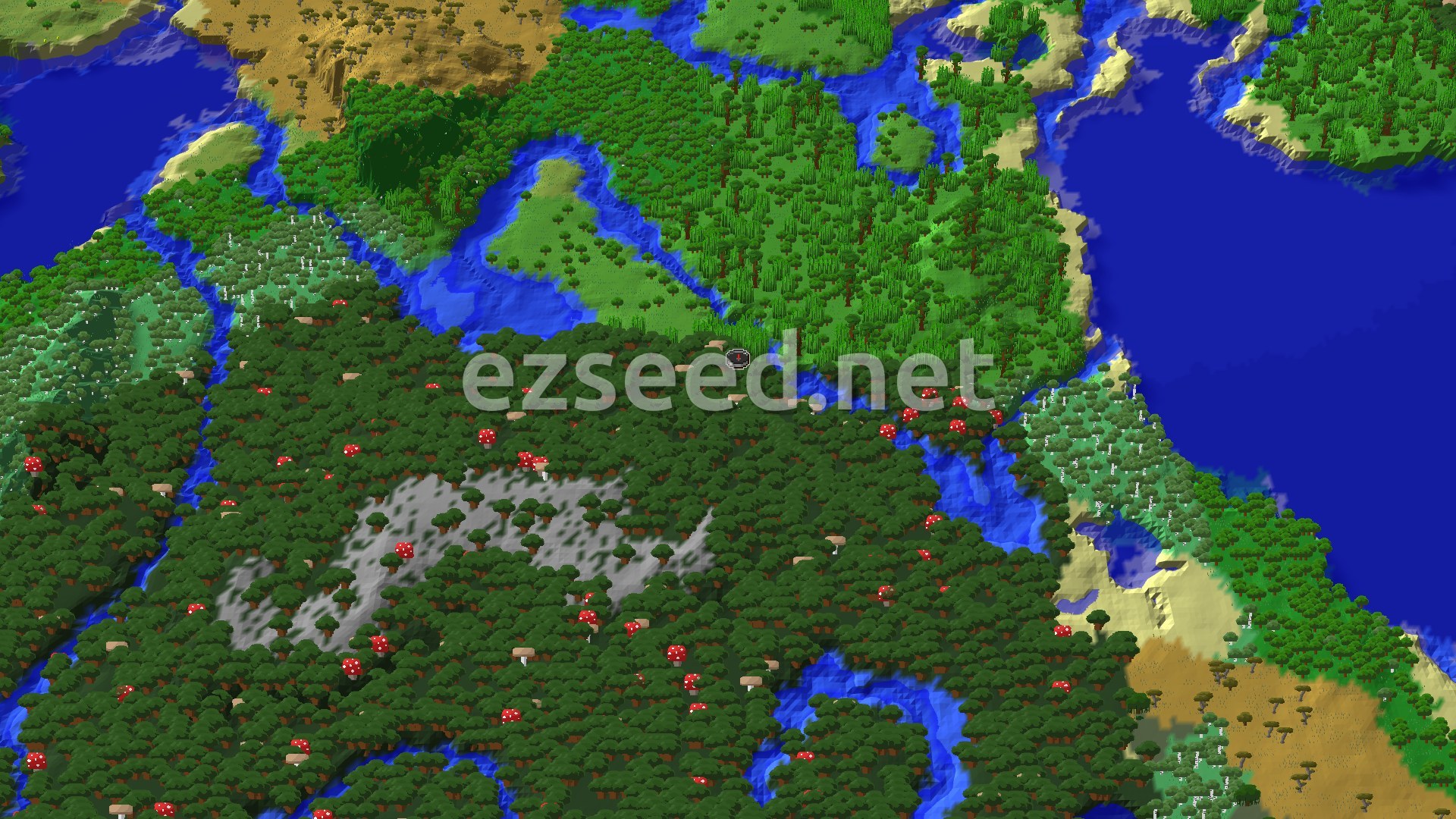 An overhead view of a dense Dark Forest surrounding a small spawn marker, with rivers, other forest types, and savannas bordering the dark wood.