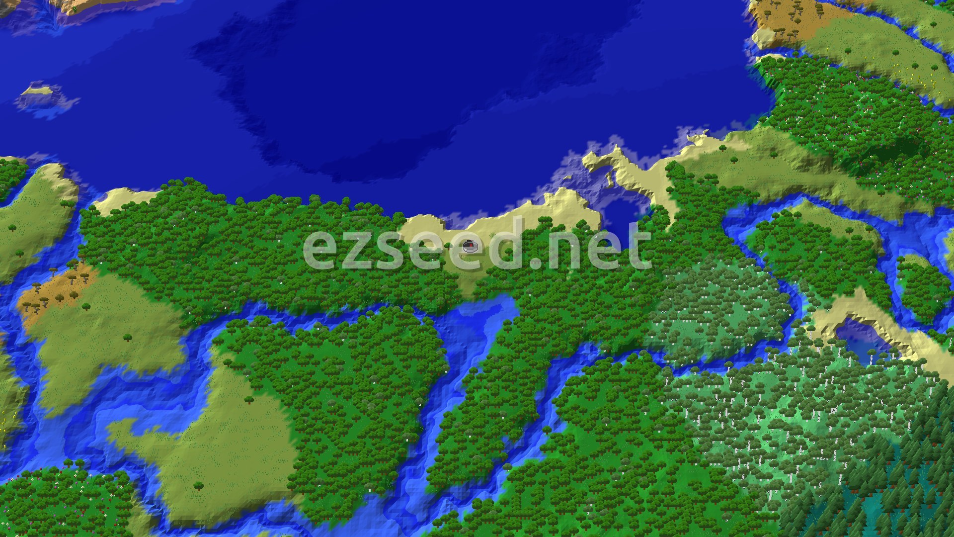 Aerial Minecraft seed map — A Lush Coastal Start with Quick Trial Chamber Access