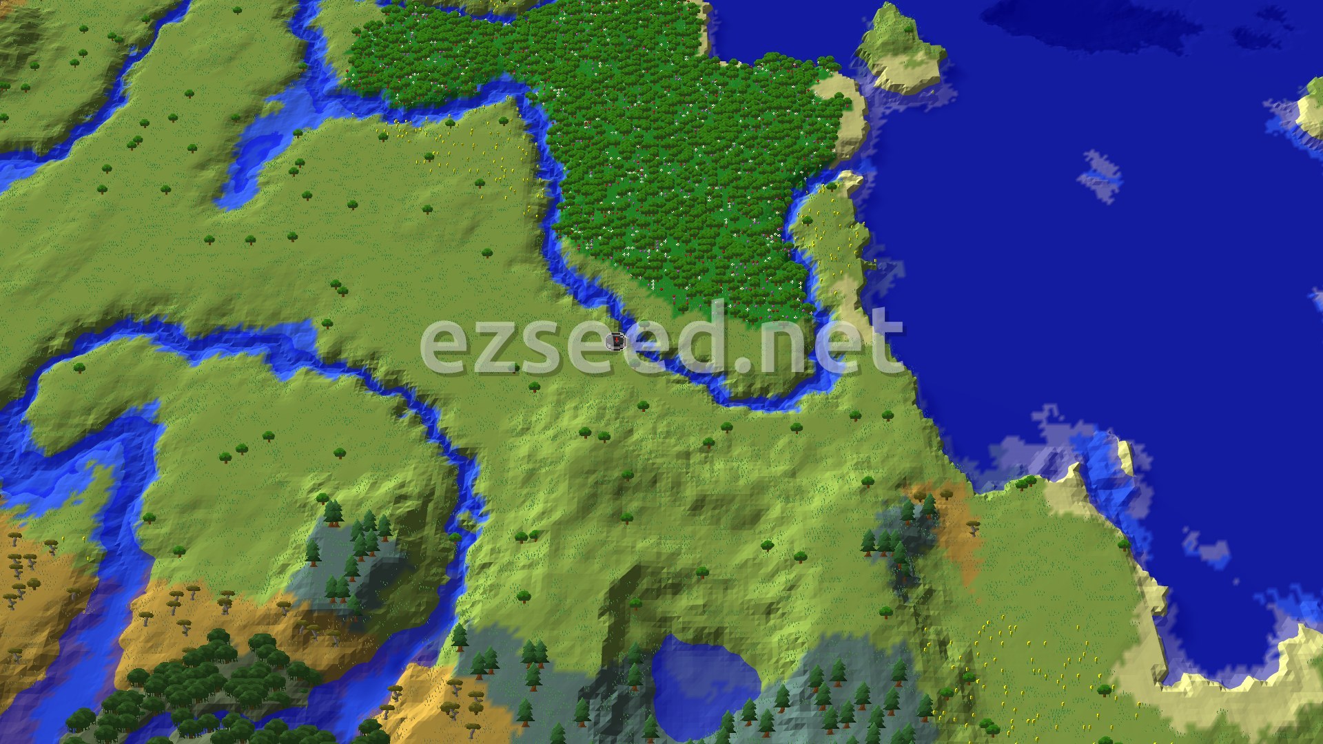 Aerial Minecraft seed map — Village With Blacksmith & Stronghold Near Spawn