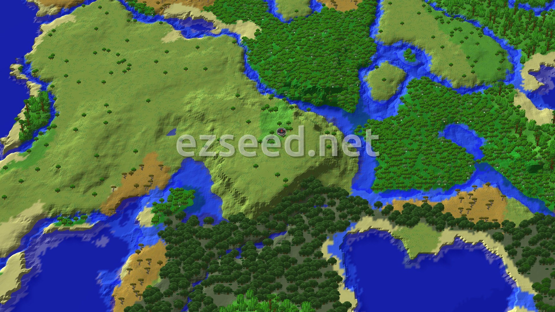 An aerial view showing a plains biome at the center, surrounded by rivers, dense forests, and patches of savanna. Waterways crisscross the landscape, leading to larger bodies of water.