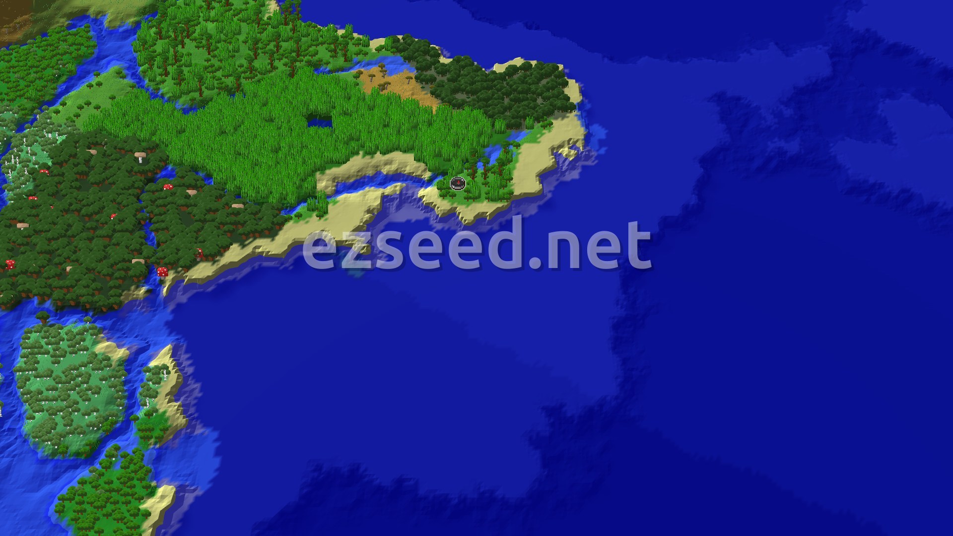 A 3D overhead view of a green jungle island with beaches, rivers, and a large expanse of blue ocean to the right. A small spawn marker is visible near the center of the island.