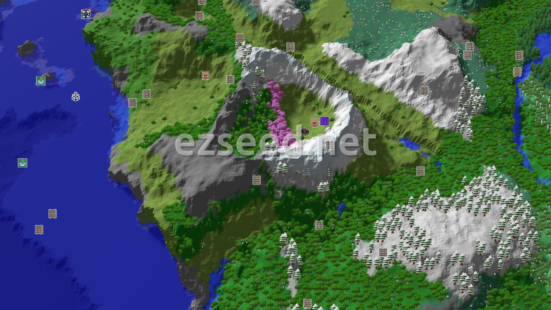 Aerial Minecraft seed map — Spawn Near a Village and a Striking Cherry Grove