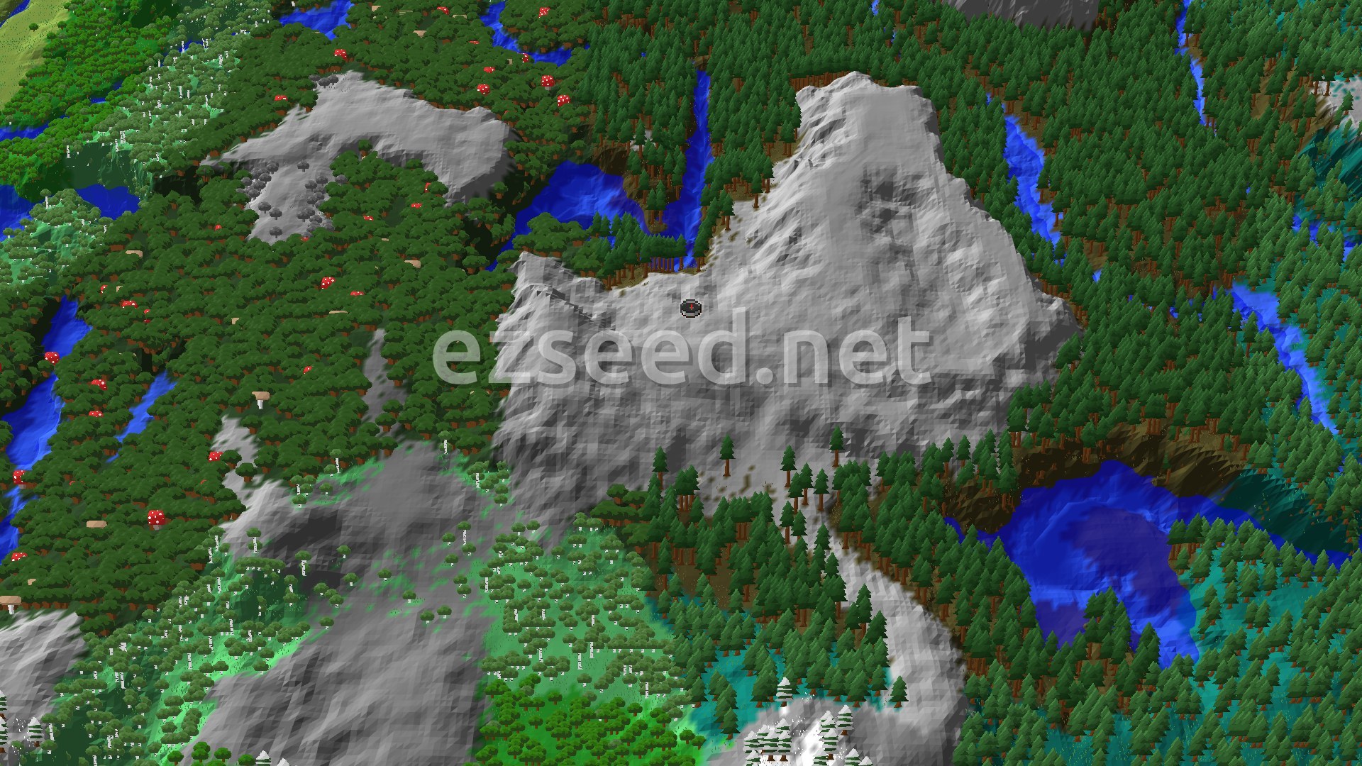 A 3D fly-over of a mountainous, forested landscape with a small spawn marker in the center.