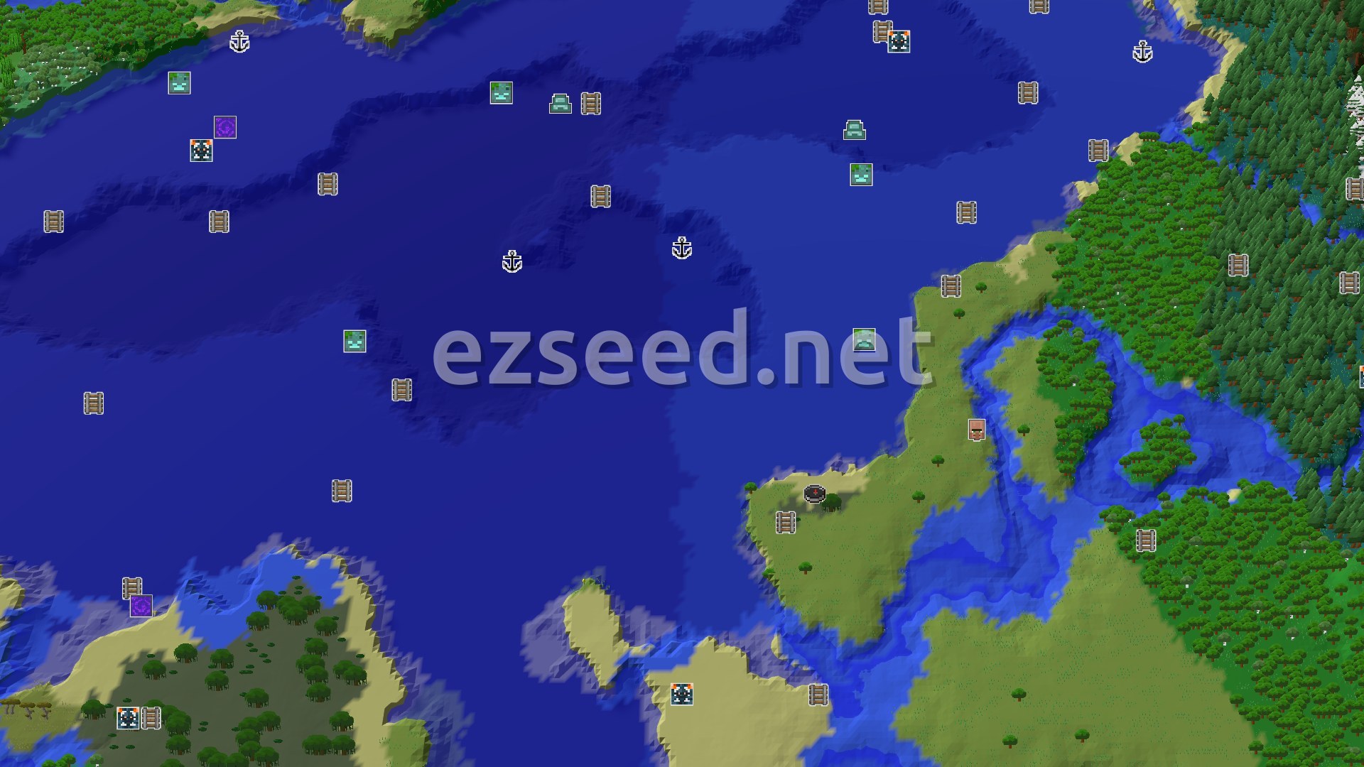 Aerial Minecraft seed map — Spawn on a Beach with a Village and Trial Chambers Nearby