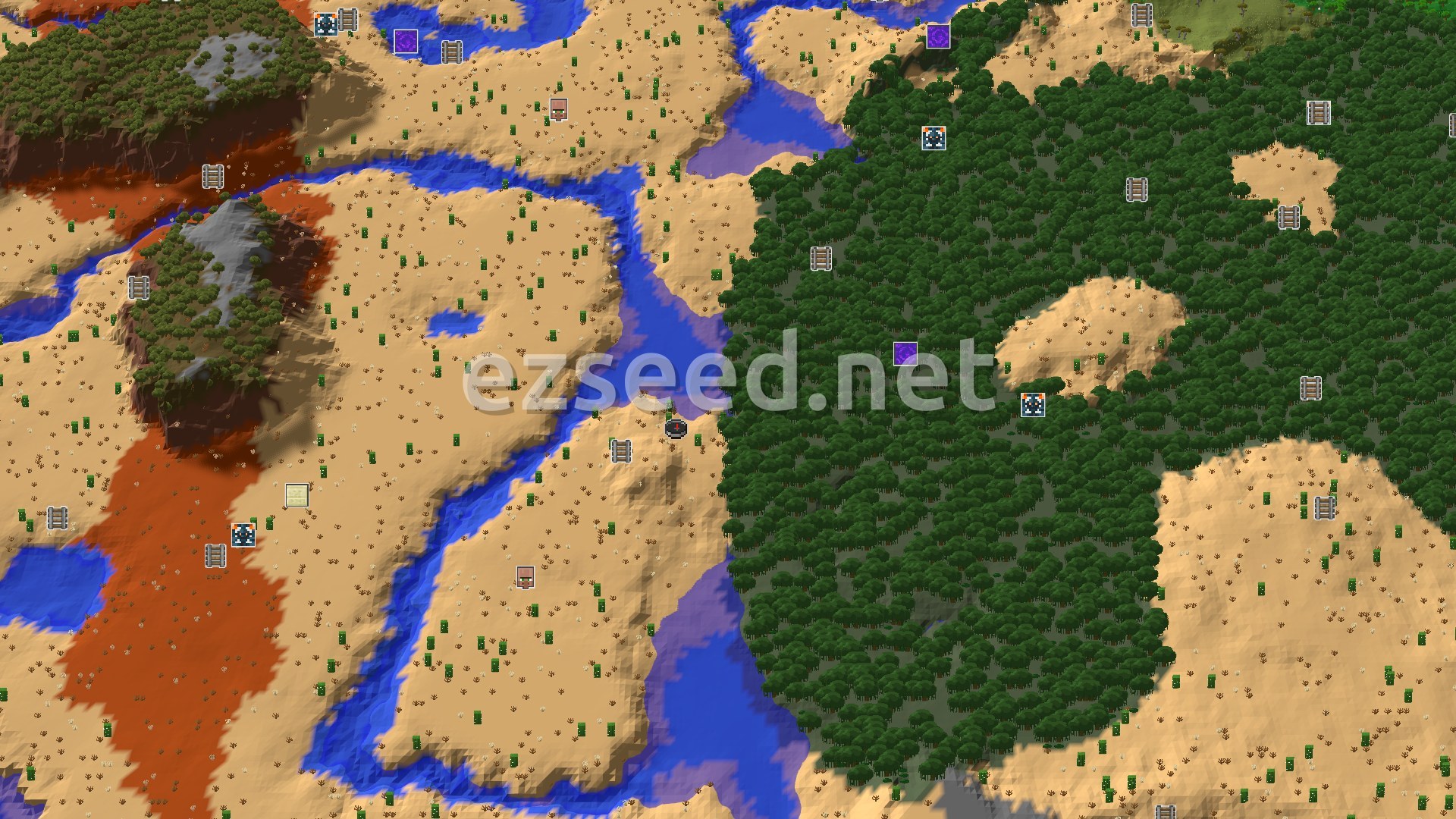 Aerial Minecraft seed map — Desert Spawn with Nearby Mineshaft and Badlands Hills
