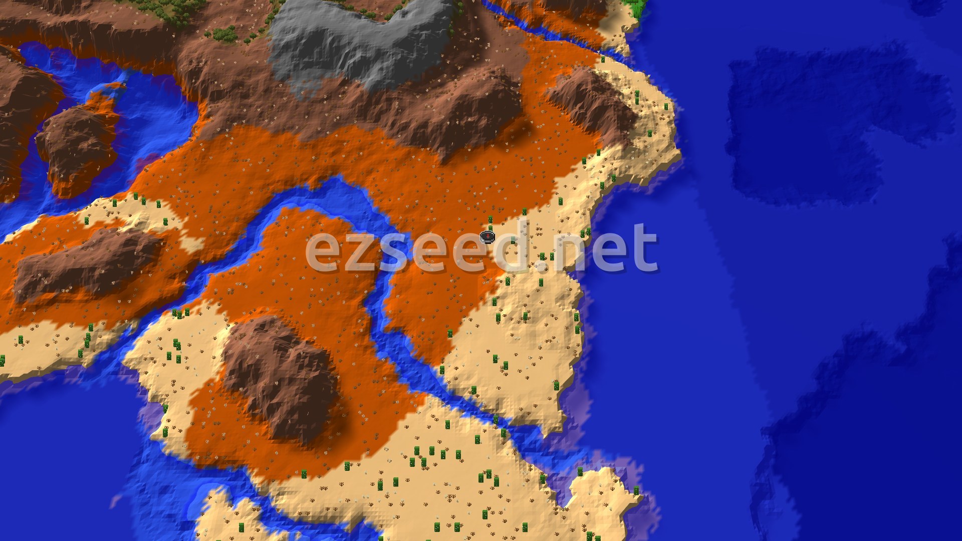 Aerial Minecraft seed map — Spawn in a Desert Canyon with Nearby Badlands