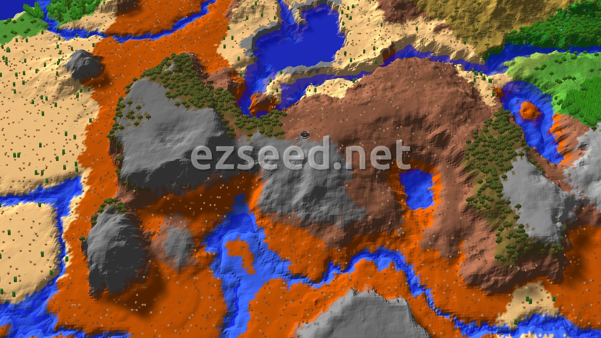 An aerial view showing a spawn point in a large Badlands biome, flanked by rivers, deserts, and wooded badlands. Eroded badlands rise like hills, surrounded by scattered trees and water features.