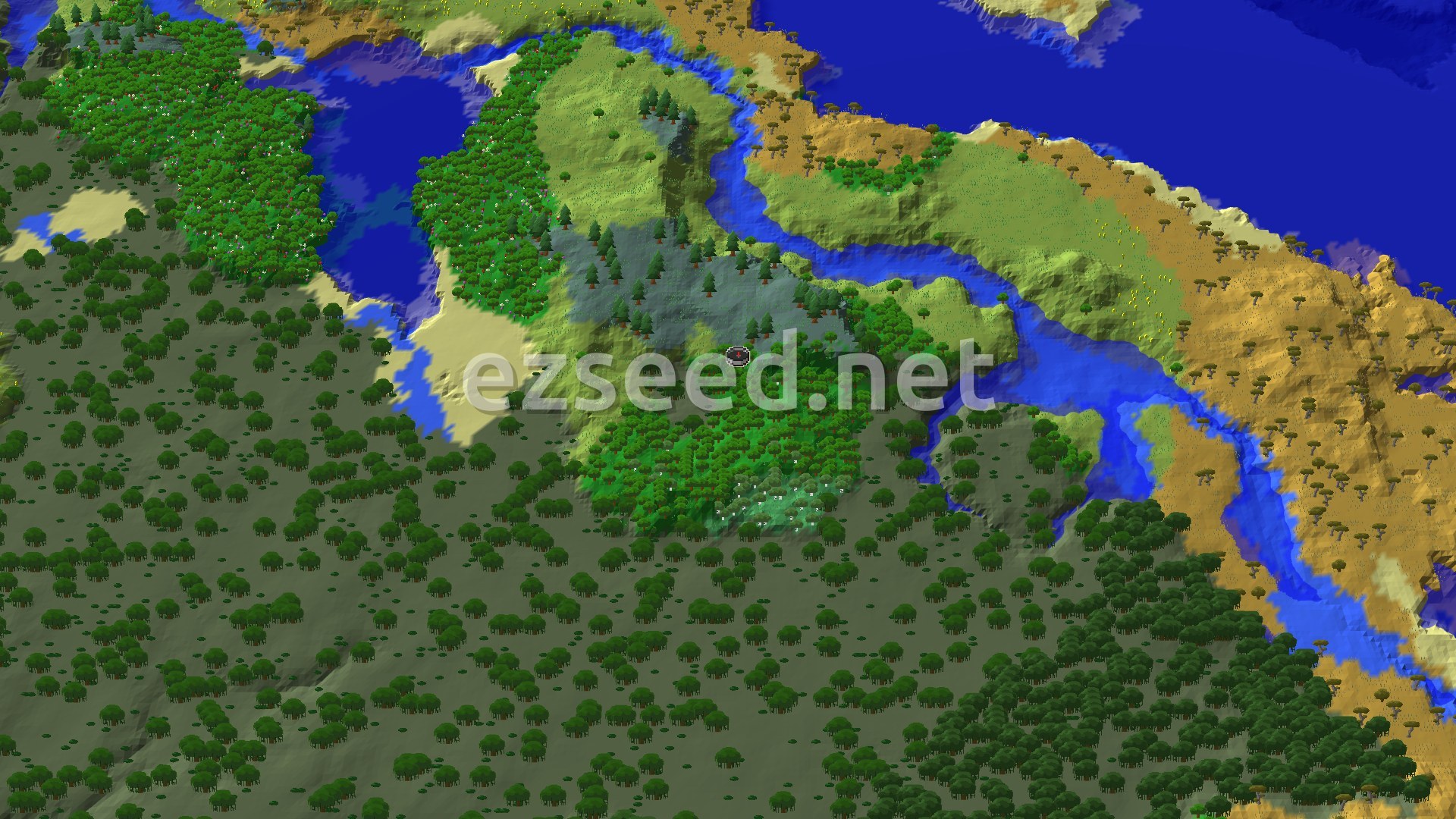 An aerial view of a varied landscape, featuring a large forest with a spawn marker, a winding river, and a mix of plains and savanna biomes.