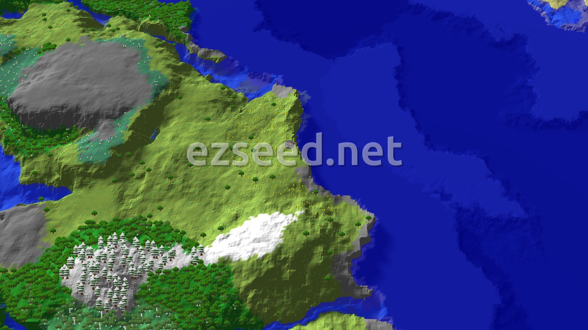 Aerial Minecraft seed map — A Sunflower Plains Spawn with Distant Mountain Views
