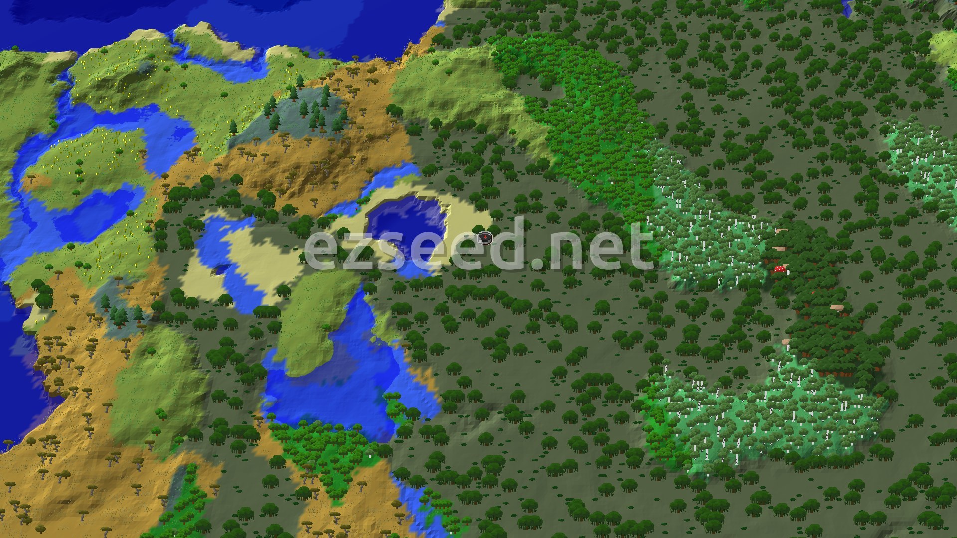 An aerial view of a varied landscape, featuring a large swamp biome with dark green trees, lighter green forests, and areas of sandy beach and open water. A small spawn marker sits near a body of water within the swamp.