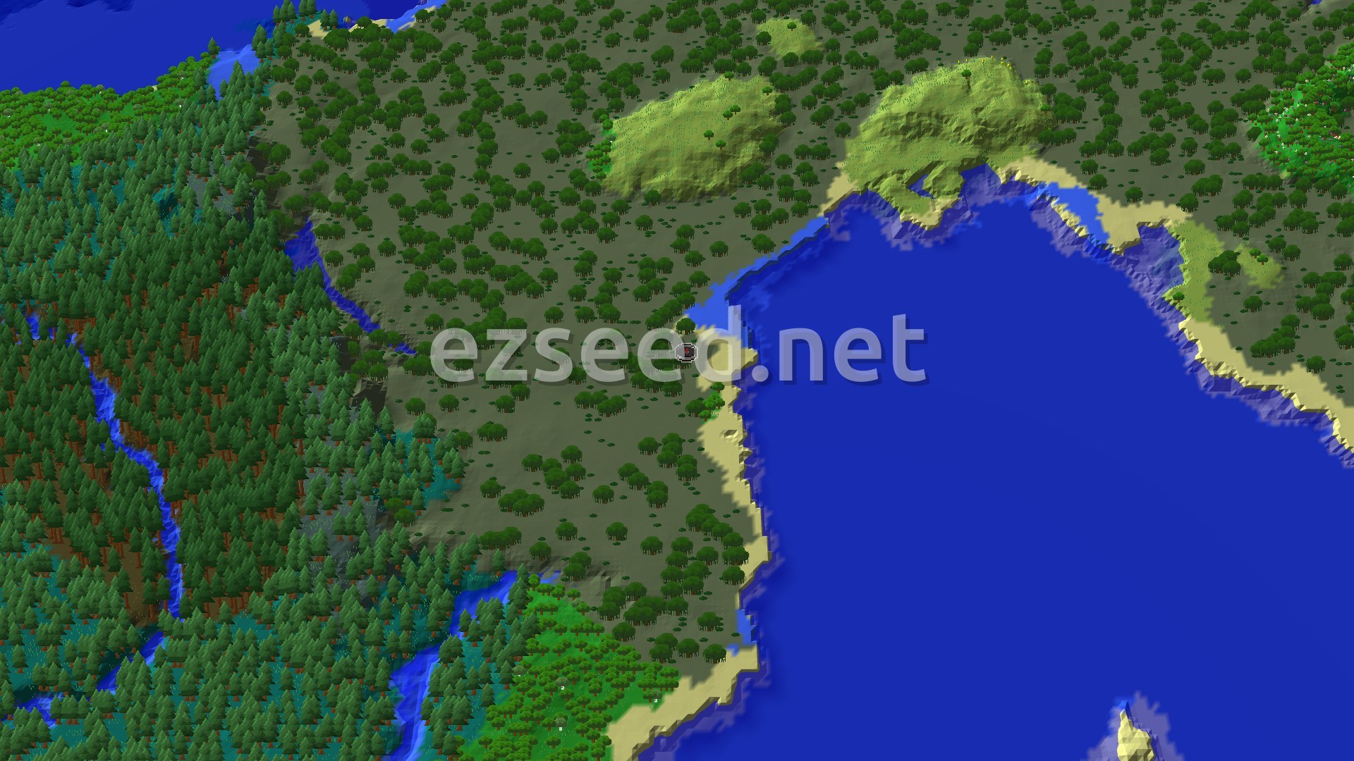An aerial view of a varied landscape, showing a large body of water bordering sandy beaches and a mix of swampy terrain with scattered trees, dense forests, and some hilly areas.